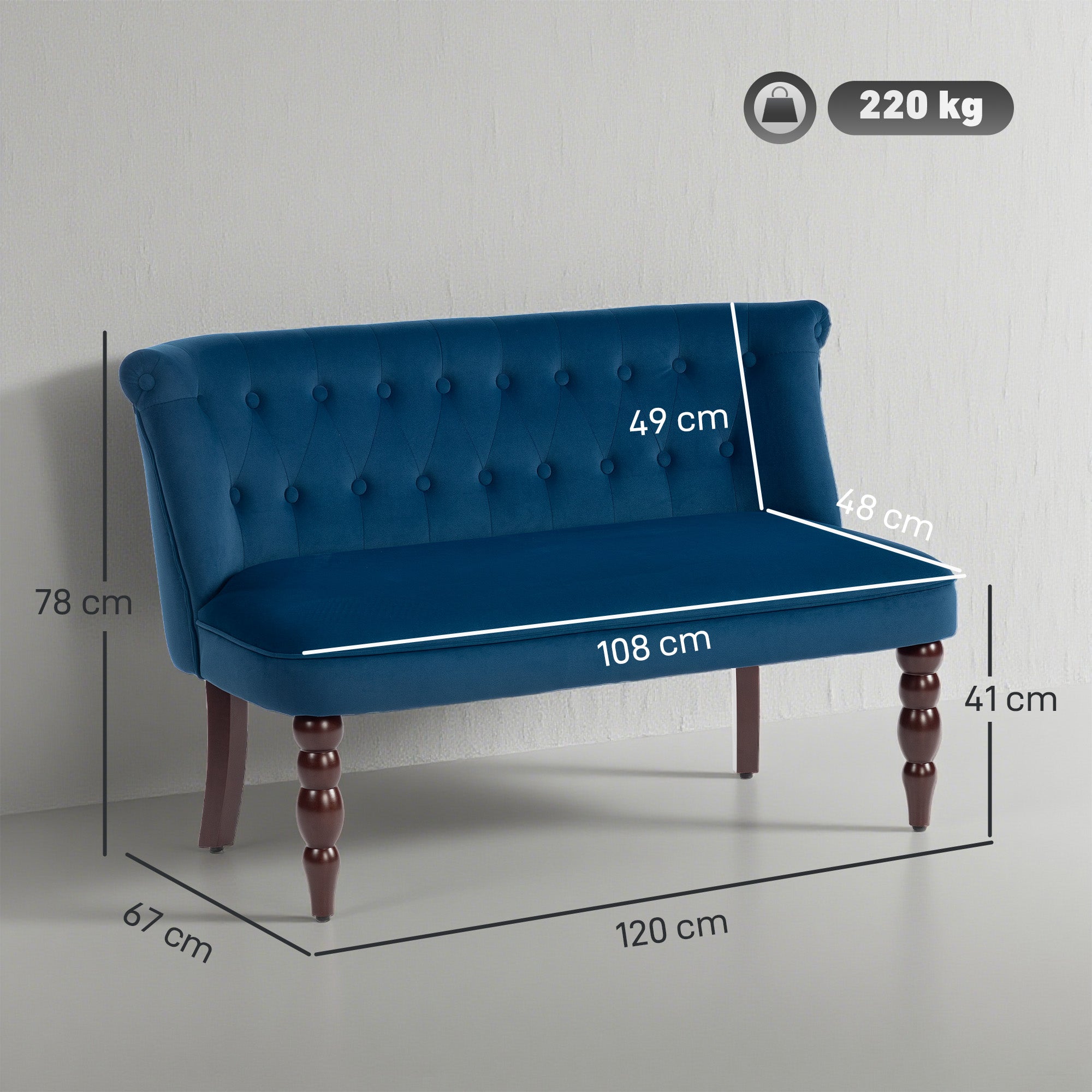Kozy - Velvet 2 Seater Sofa, Button Tufted Wingback Loveseat with Rubber Wood Legs for Living Room, Bedroom, Dark Blue