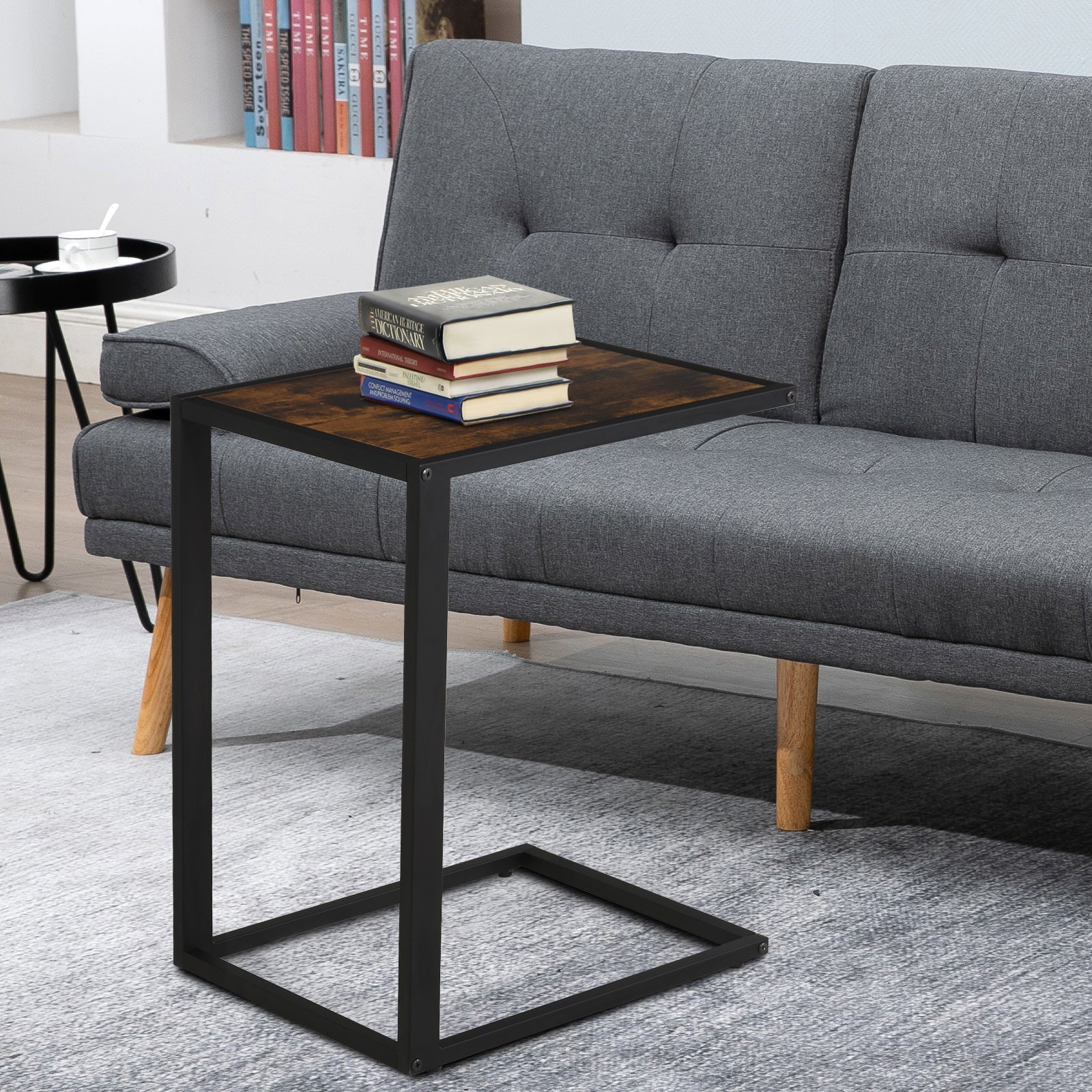 Kozy C-Shaped Side Table, Bedside Table with Metal Frame, Accent Sofa Couch Table for Living room, Bedroom, Brown and Black