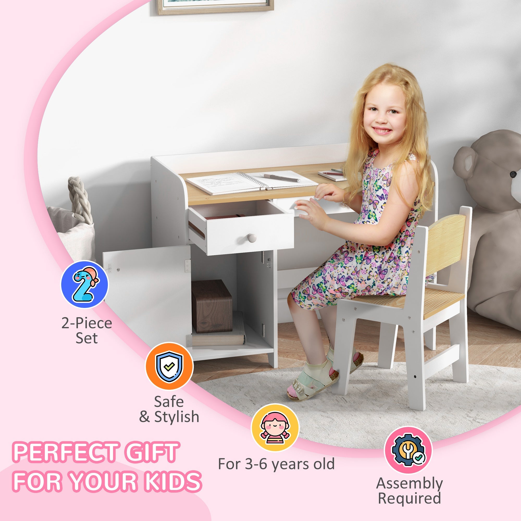 ZONEKIZ Kids Desk and Chair Set for 3-6 Year Old with Storage Drawer, Study Table and Chair for Children, White | Aosom UK
