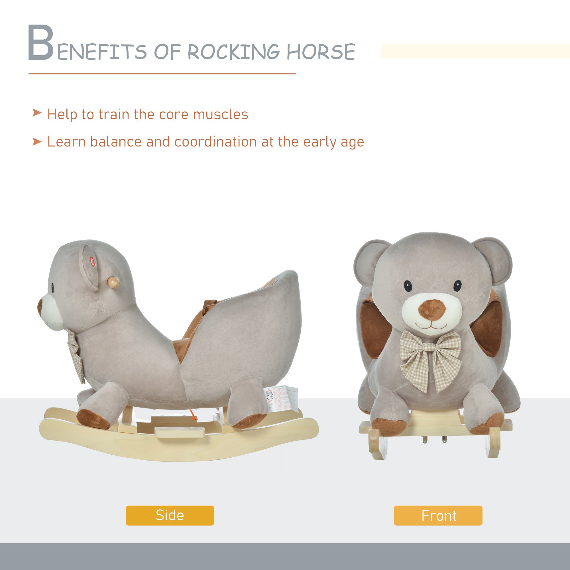 HOMCOM Kids Children Rocking Horse Plush Ride On Bear Seat w/ Sound Wood Base Seat Safety Belt Toddler Baby Toy Grey