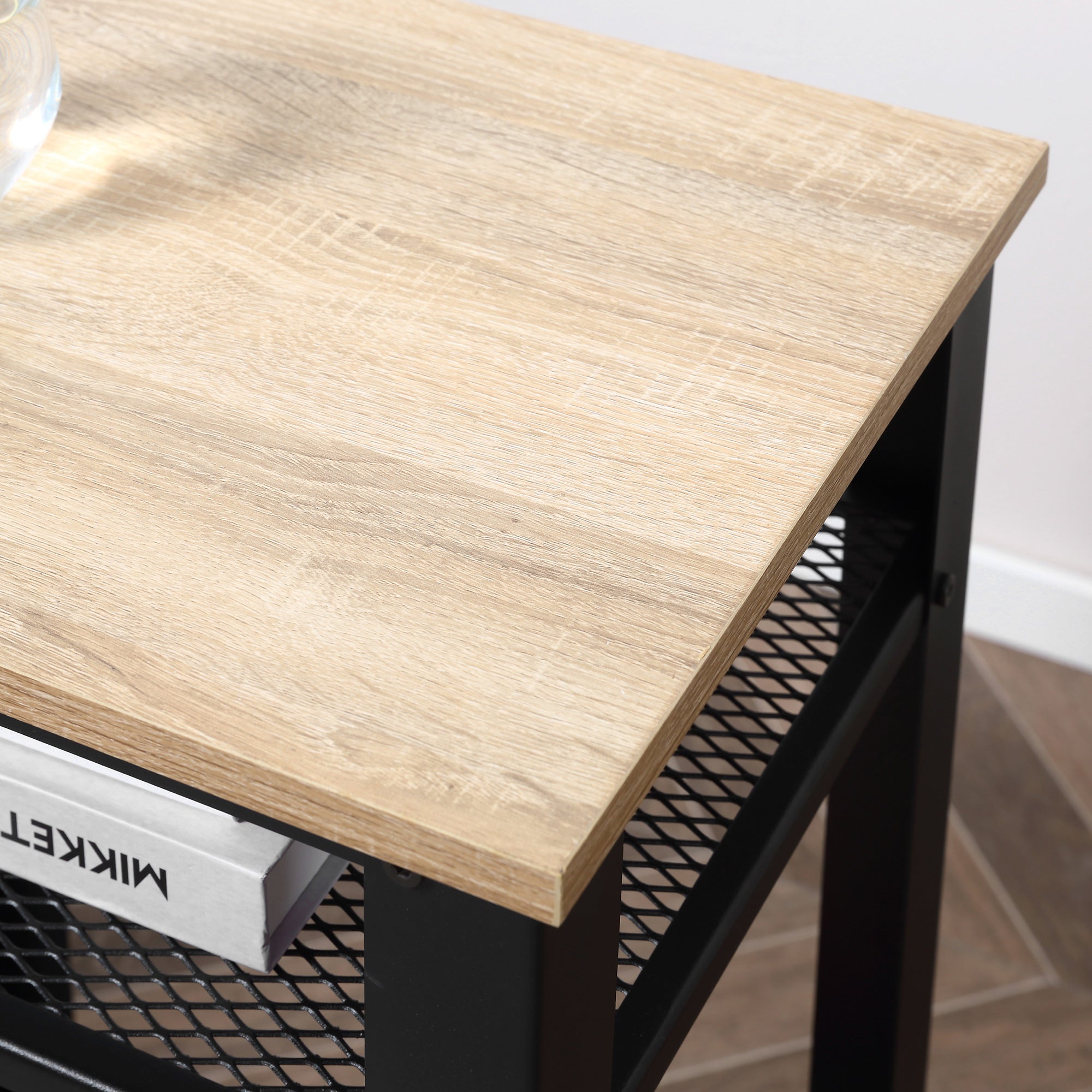 Kozy Tall Side Table with 3 Layer, 2 Shelves Storage Display Industrial-Style, Metal Frame, Bedside End Table for Living Room Bedroom, Oak and Black