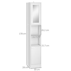Kozy Tall Bathroom Storage Cabinet with Mirror, Narrow Bathroom Unit, Freestanding Bathroom Cupboard with Adjustable Shelves and 2 Doors, White