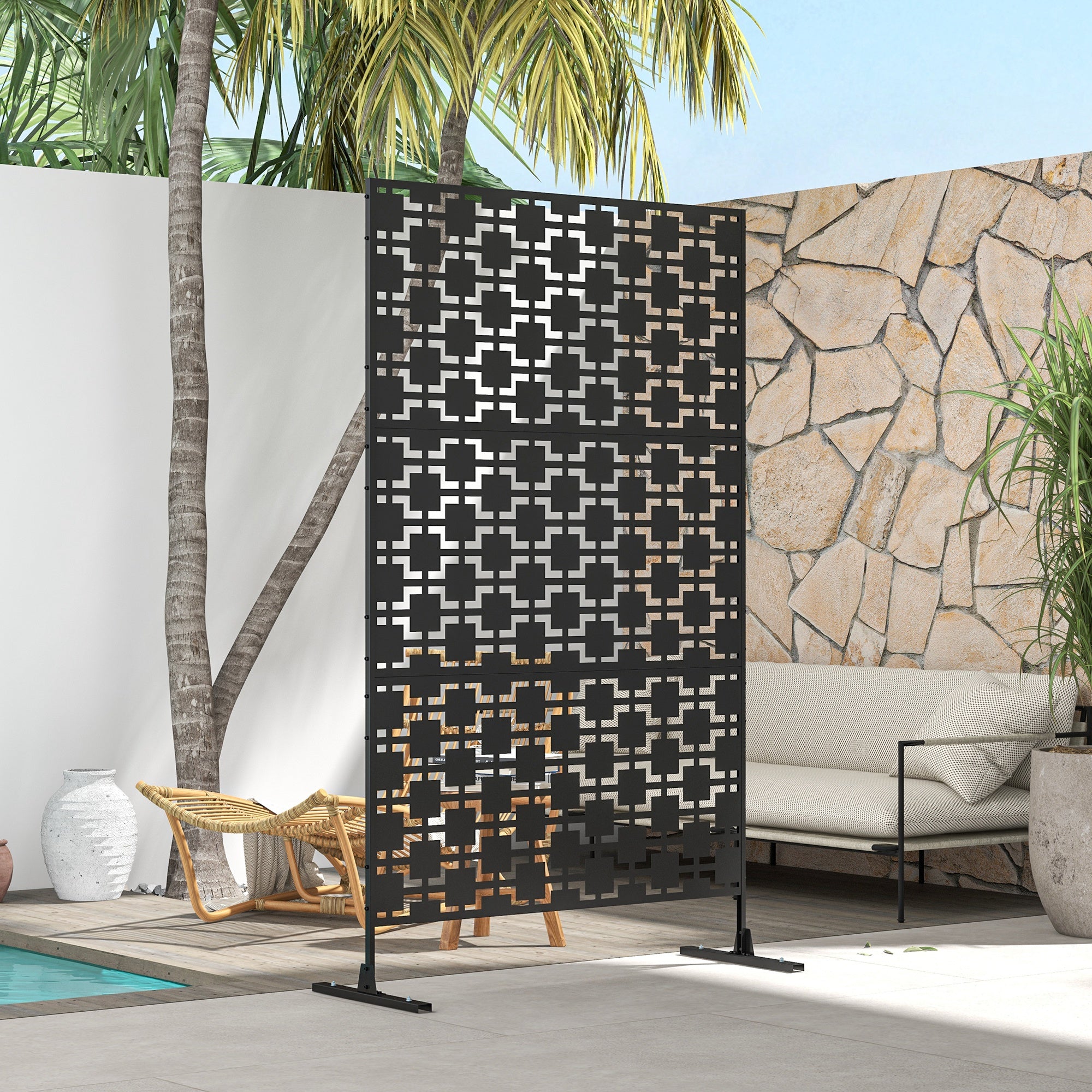 Kozy Metal Decorative Privacy Screen Outdoor Divider, Black Grid