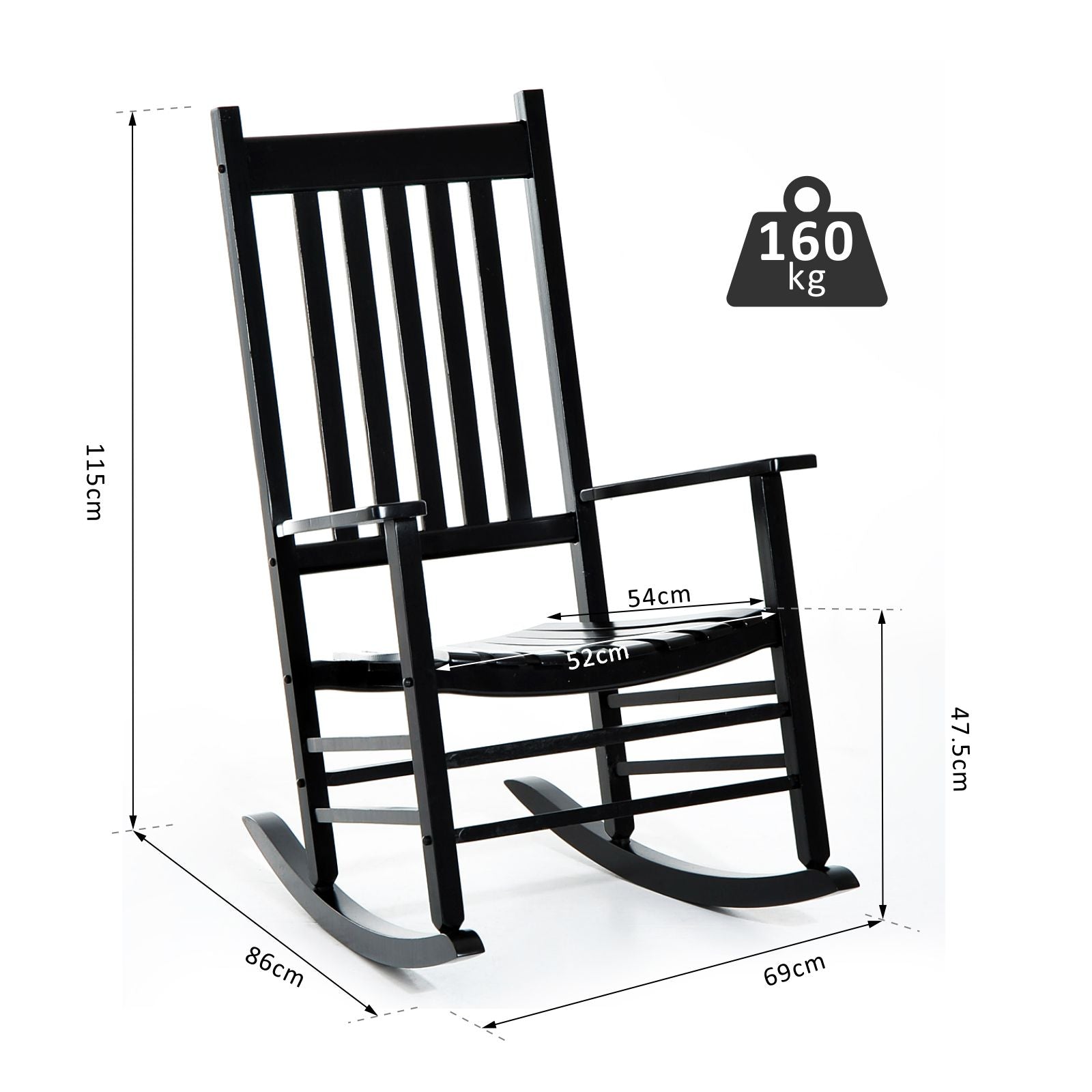 Outsunny Wooden Rocking Chair, Patio Rocker Armchair for Balcony, Deck, Outdoor Porch Garden Seat, Black