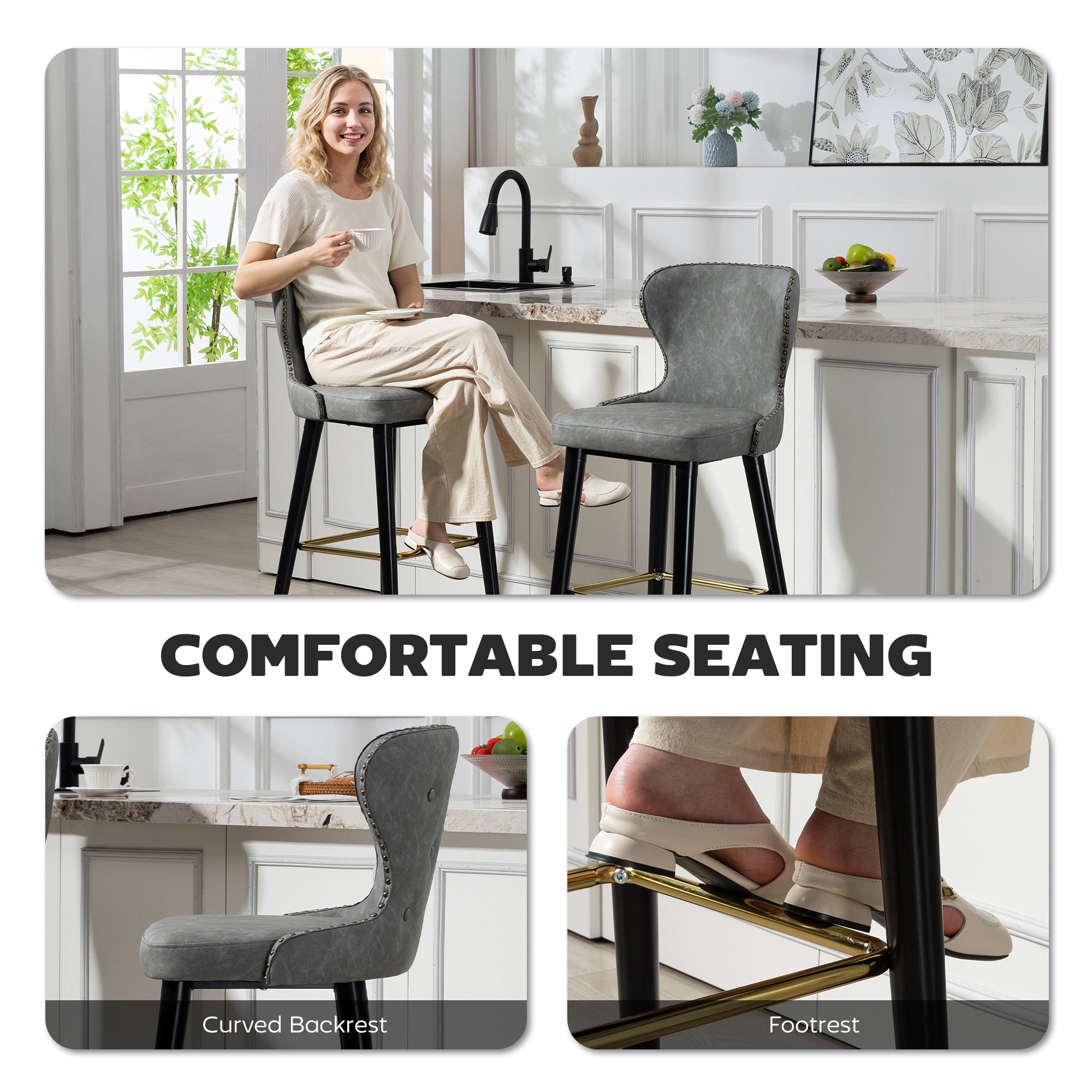 Kozy Bar Stools Set of 2, PU Leather Barstools with Back, Footrest and Wood Legs for Kitchen, Counter, Breakfast Bar, Grey