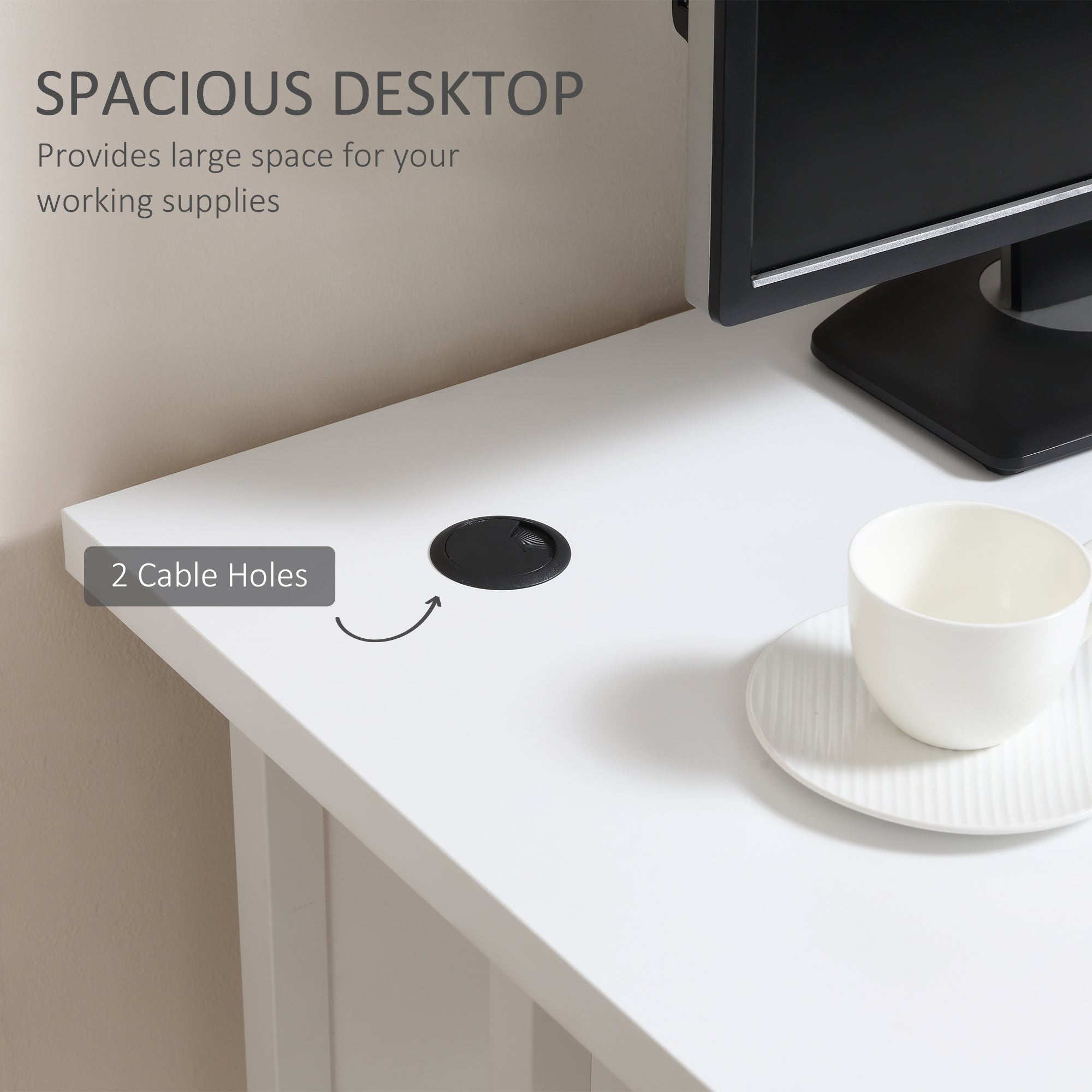 Kozy Computer Desk, Home Office Desk, Writing Table, 120x60x75cm Laptop Workstation with 2 Cable Management Holes, C Shaped Metal Legs for Adults, White