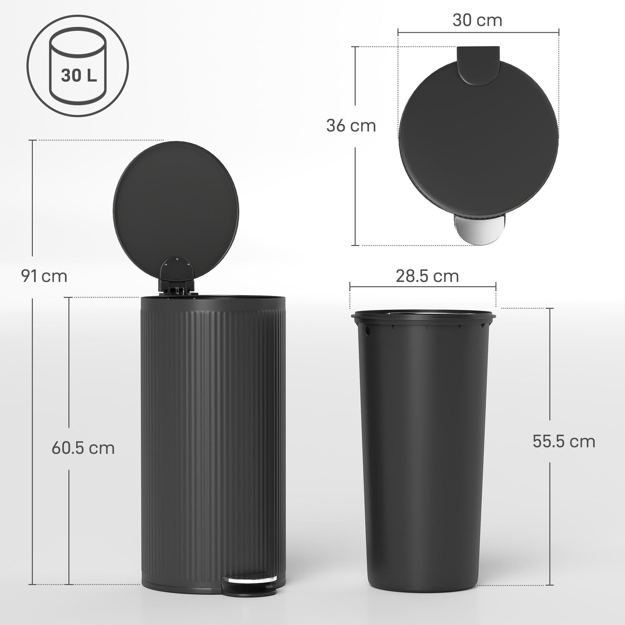 Kozy 30 Litre Pedal Kitchen Bin with Soft Close and Stay Open Lid, Rubbish Bin with Removable Inner Bucket for Kitchen, Office, Home, Black