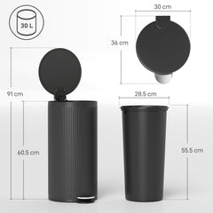 Kozy 30 Litre Pedal Kitchen Bin with Soft Close and Stay Open Lid, Rubbish Bin with Removable Inner Bucket for Kitchen, Office, Home, Black