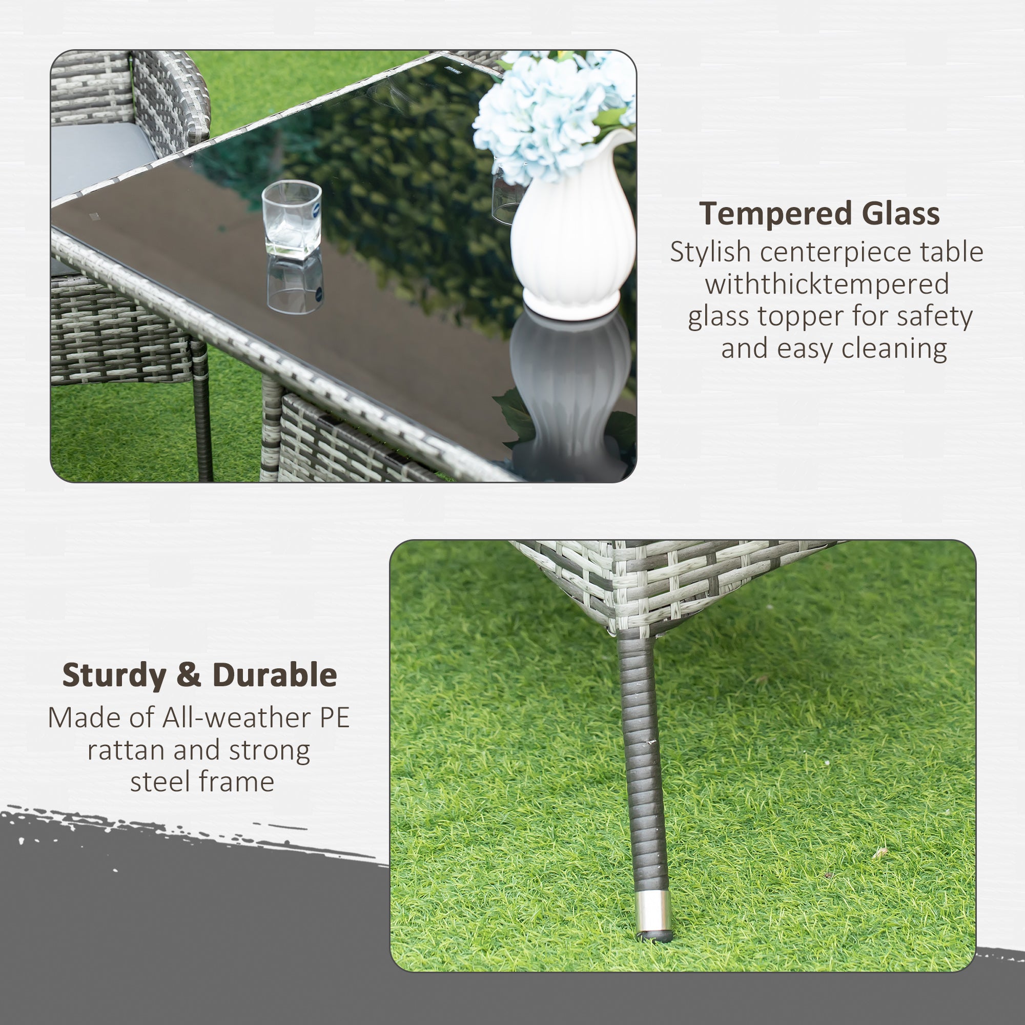 Kozy 7-Piece Rattan Garden Furniture Set with Cushions, 6 Seater Garden Table and Chairs, Rattan Dining Set with 6 Armchairs, Rectangular Glass Top Table, Grey