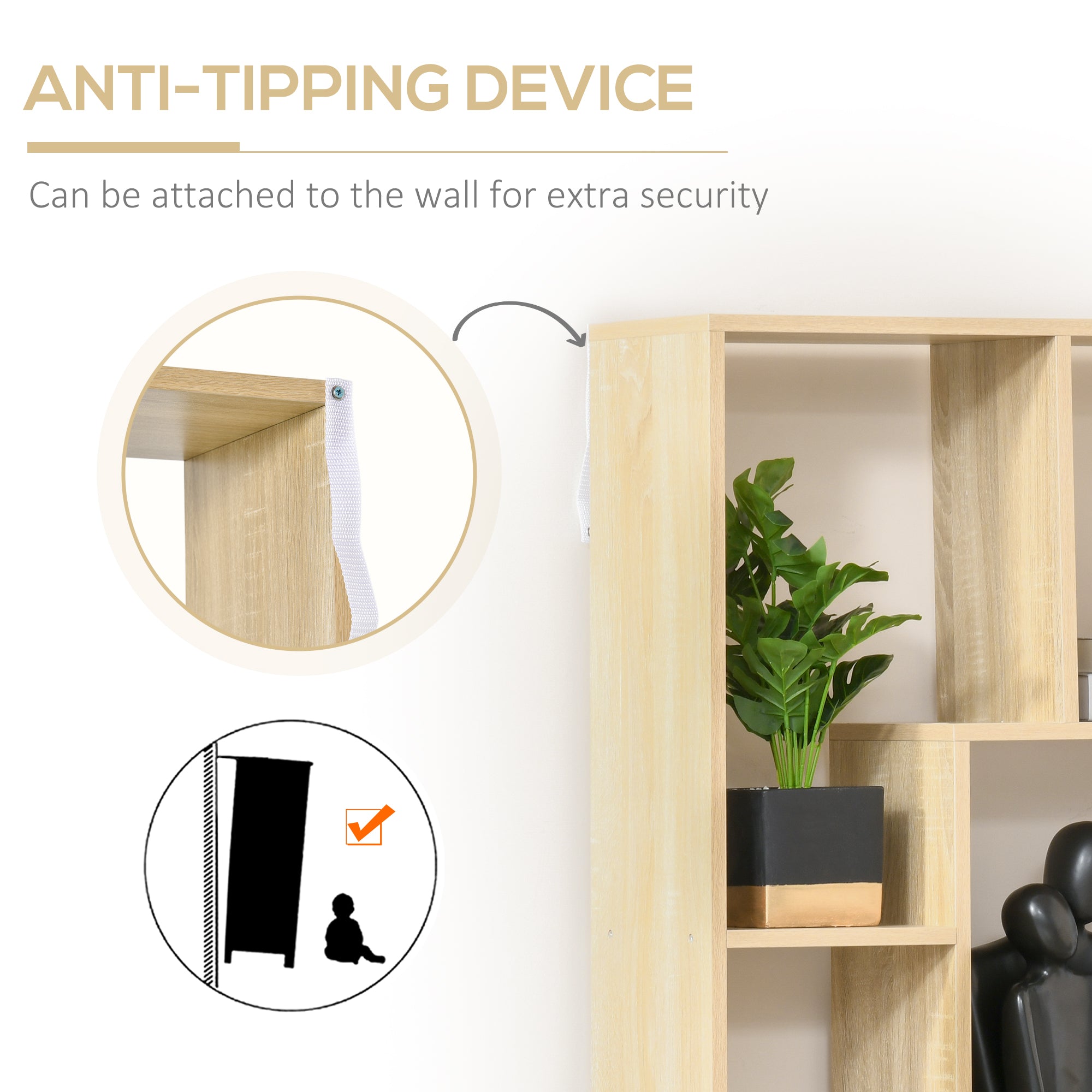 Kozy Bookshelf, Tall Bookcase, Modern Room Divider, 8 Cube Storage Unit, Freestanding Storage Shelf for Living Room, Bedroom, Home Office, 70 x 24 x 178 cm, Natural