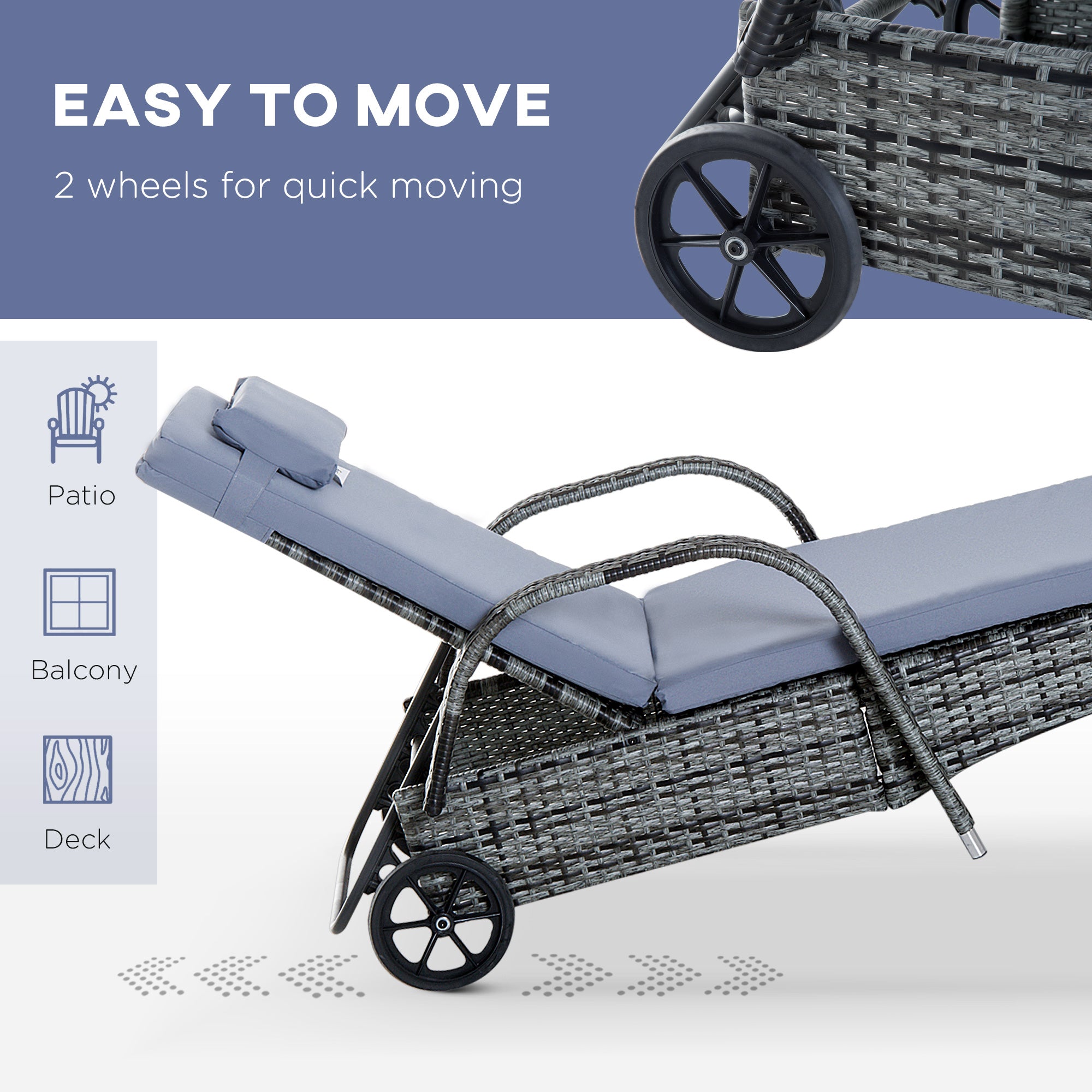 Kozy 3 Pieces Rattan Sun Loungers, Garden Wicker Wheeling Recliner , PE Rattan Lounge Chairs w/ Cushions & Side Coffee Table Grey