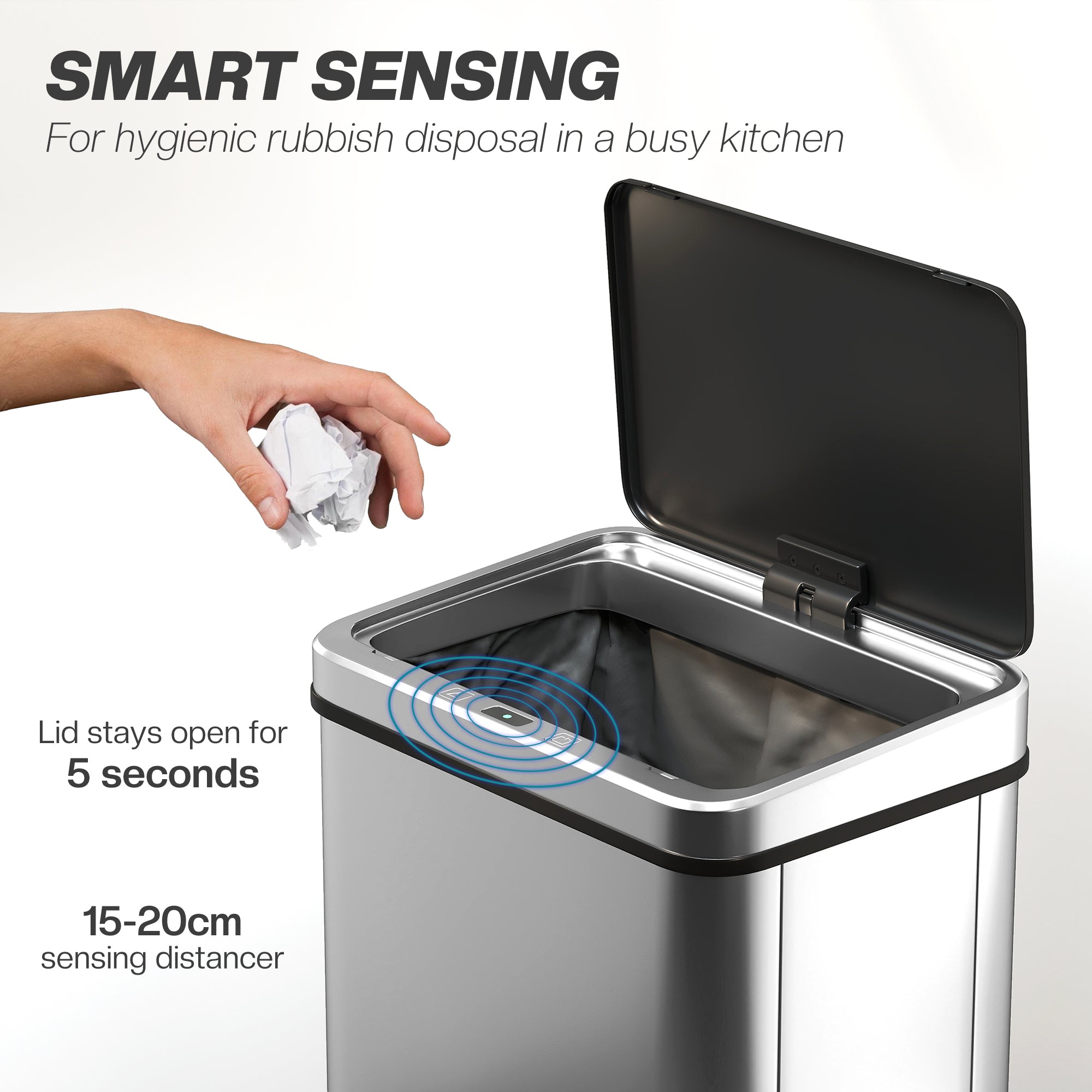 Kozy - 40L Sensor Bin with Quiet Soft-Close Lid, Automatic Touchless Motion Sensor Kitchen Bin with Fingerprint Resistant Stainless Steel for Hygienic Gyms, Home Office Use, Silver Tone