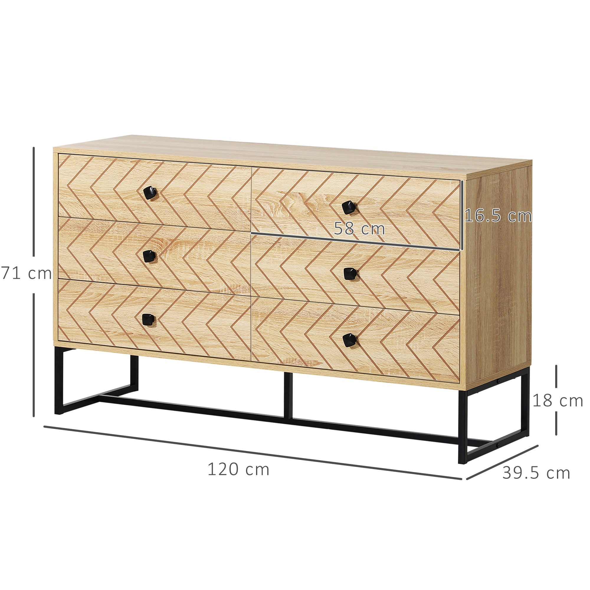 Kozy Bedroom Chest of Drawers, 6 Drawer Dresser, Sideboard Cabinet with Zigzag Design and Metal Base, Storage Drawer Unit, 120x71cm, Natural