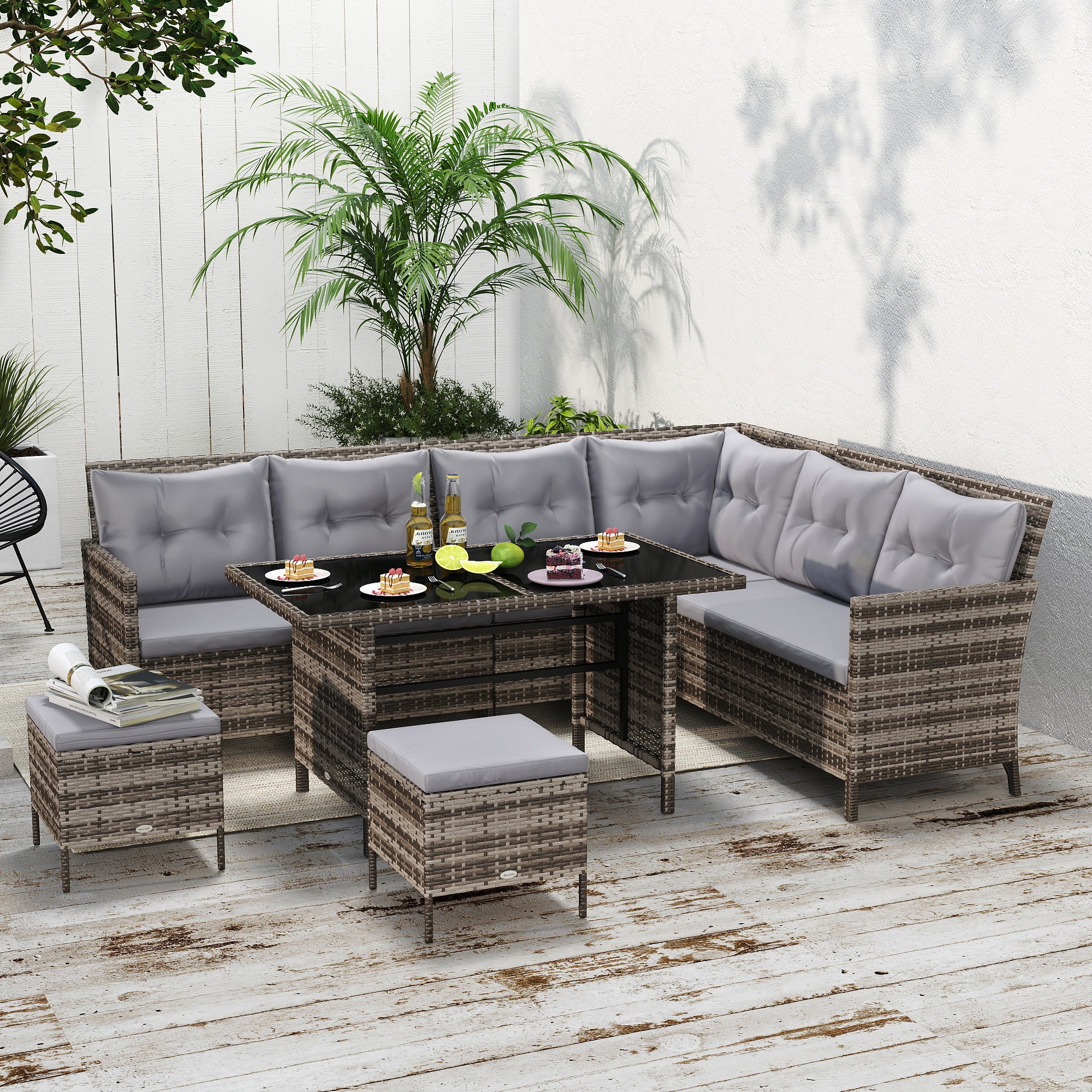 Kozy 8 Seater Patio wicker Sofa Set ,Outdoor Couch with Table & Cushions, Grey