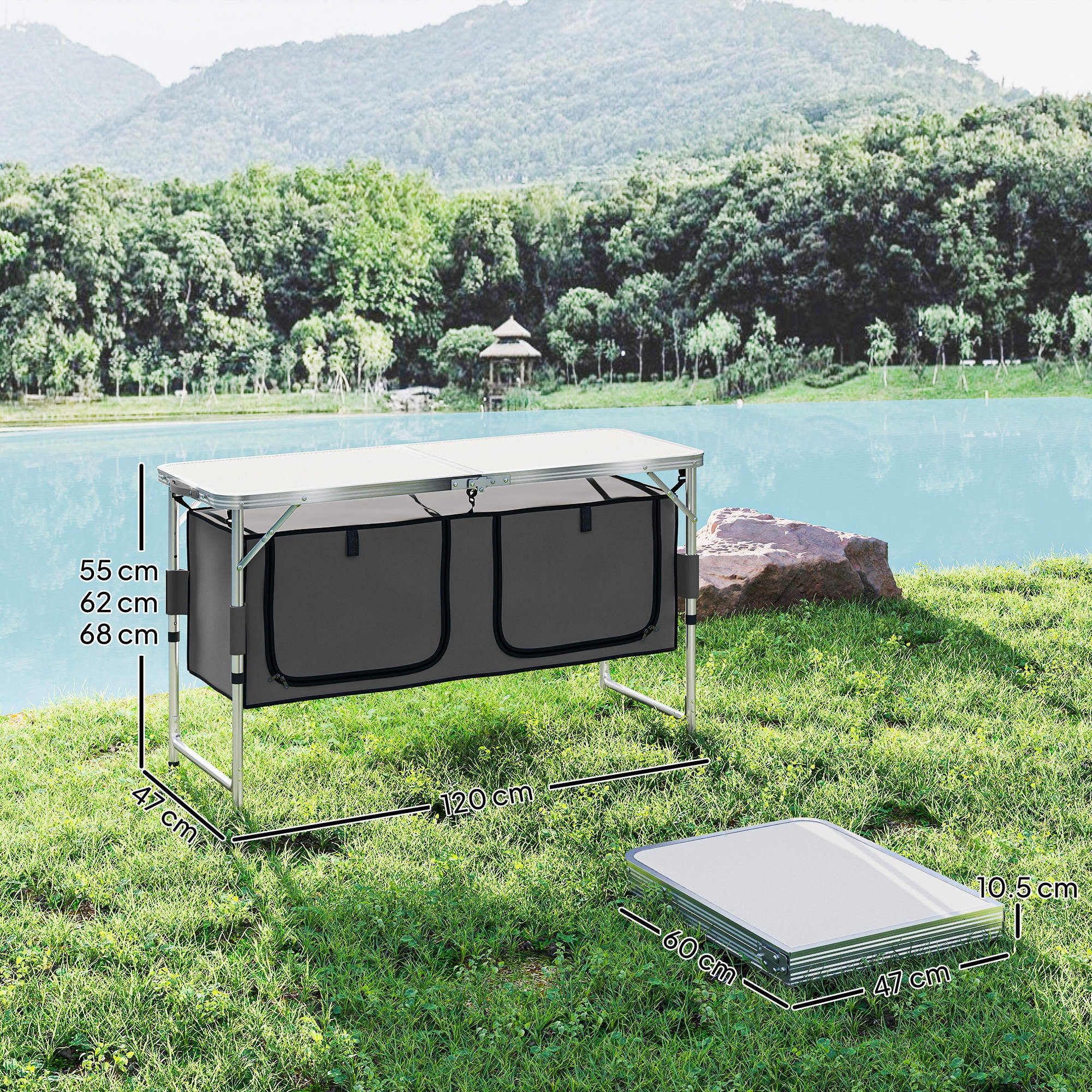 Kozy 4ft Folding Camping Cupboard Kitchen, Height Adjustable Aluminium Camping Table with Storage, Lightweight Picnic Table for Outdoor Garden BBQ Party