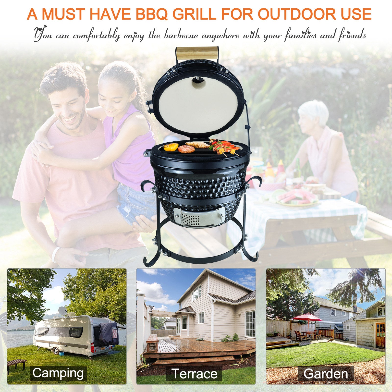 Outsunny Charcoal Grill Ceramic Kamado BBQ Grill Smoker Oven Japanese Egg Barbecue