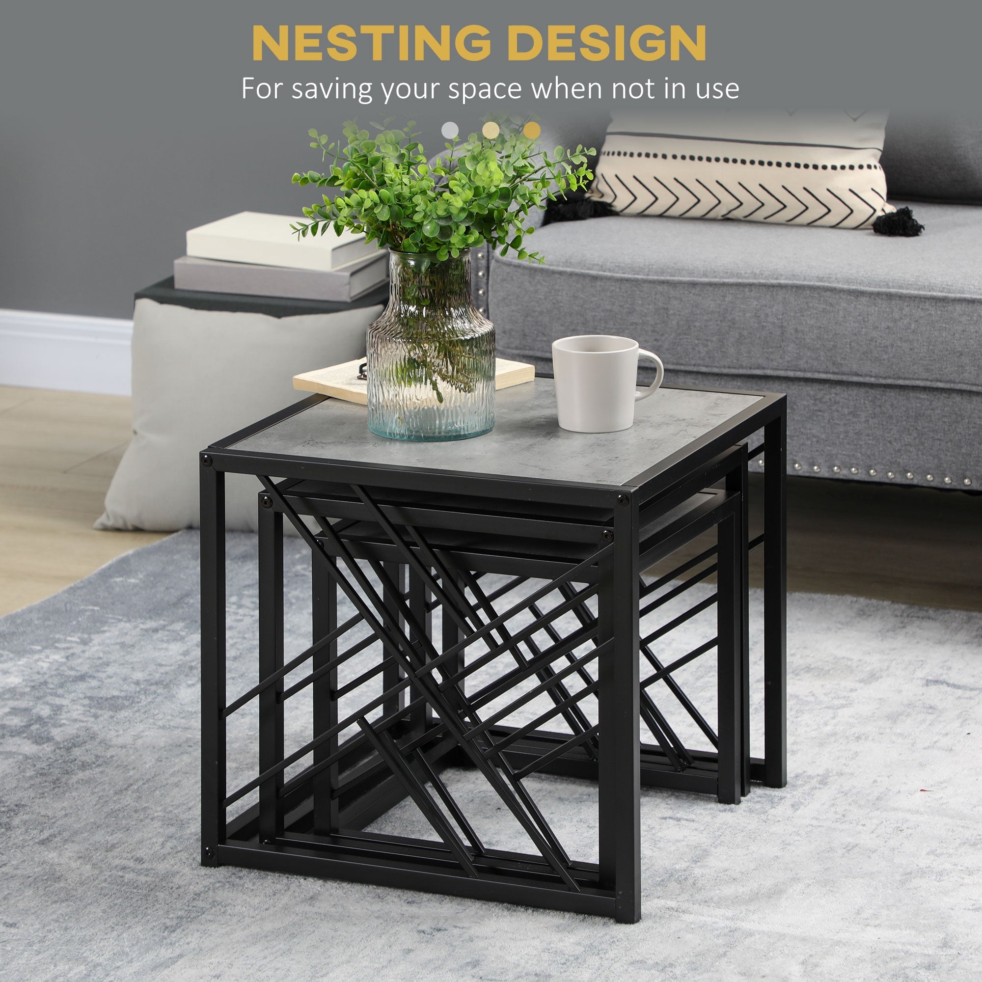 HOMCOM Set of 3 Nest of Tables, Square Side Tables with Black Metal Frame, for Living Room, Bedroom and Office, Grey