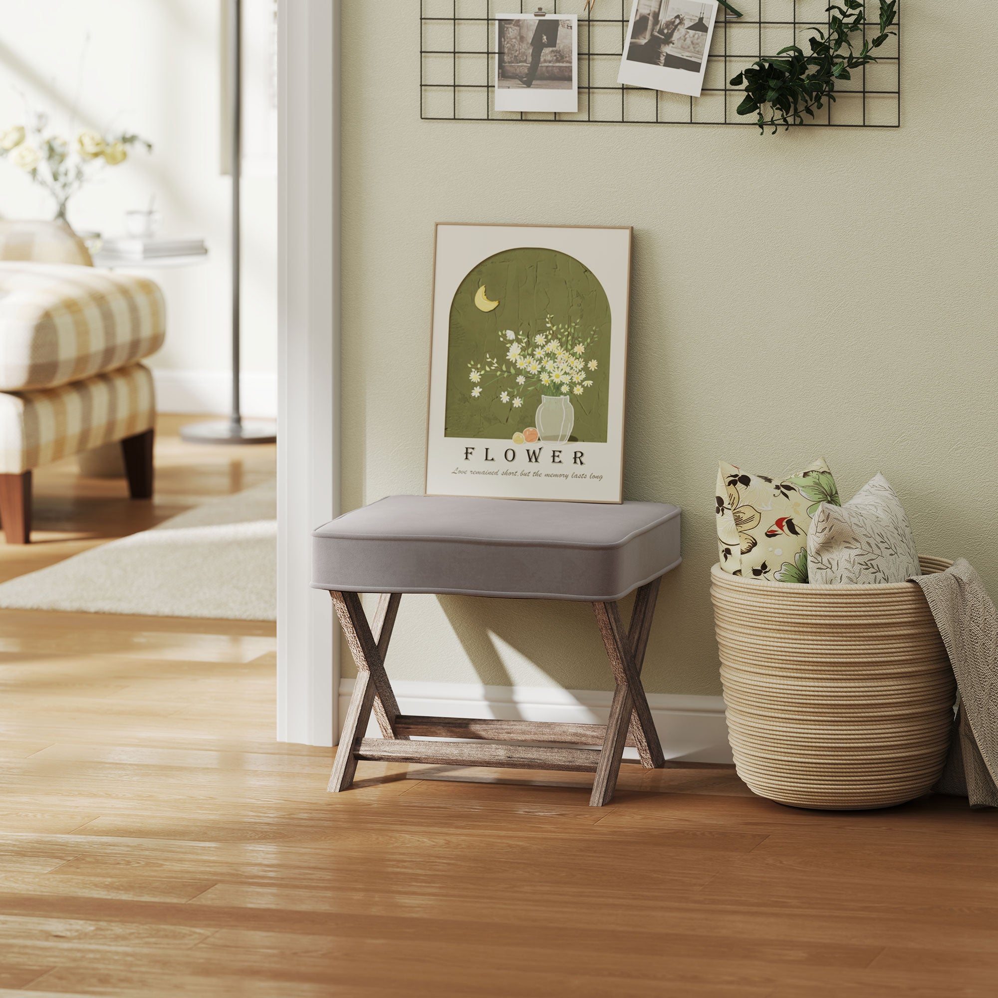 Kozy Vintage Footstool Padded Seat X Leg Chair Velvet Cover Shabby Chic Footrest Solid Rubber Wood Frame 49.5 x 45 x 41 cm Grey