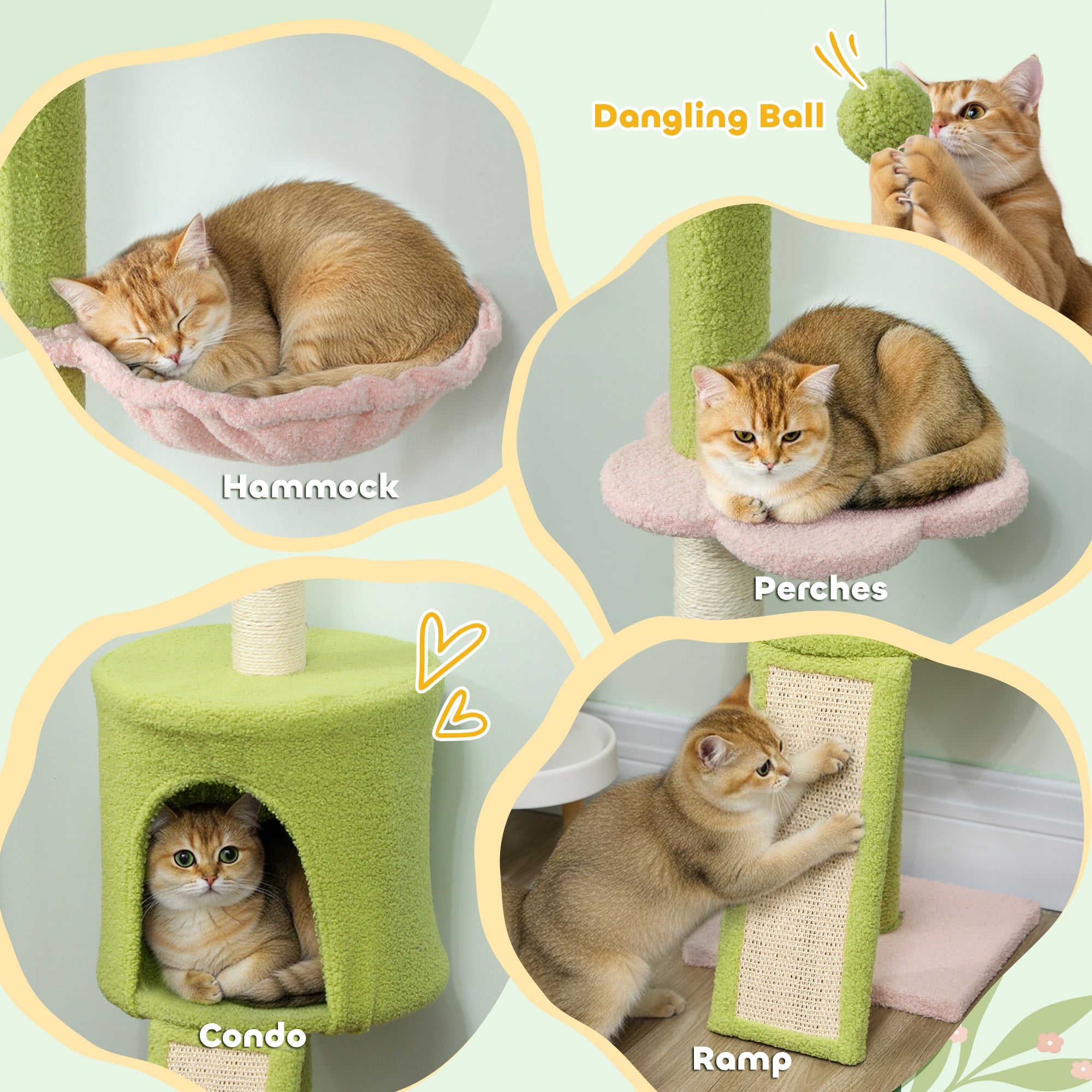 Kozy - 220-240 cm Floor to Ceiling Cat Tree Adjustable Height with Hammock, Condo, Scratching Posts, Green