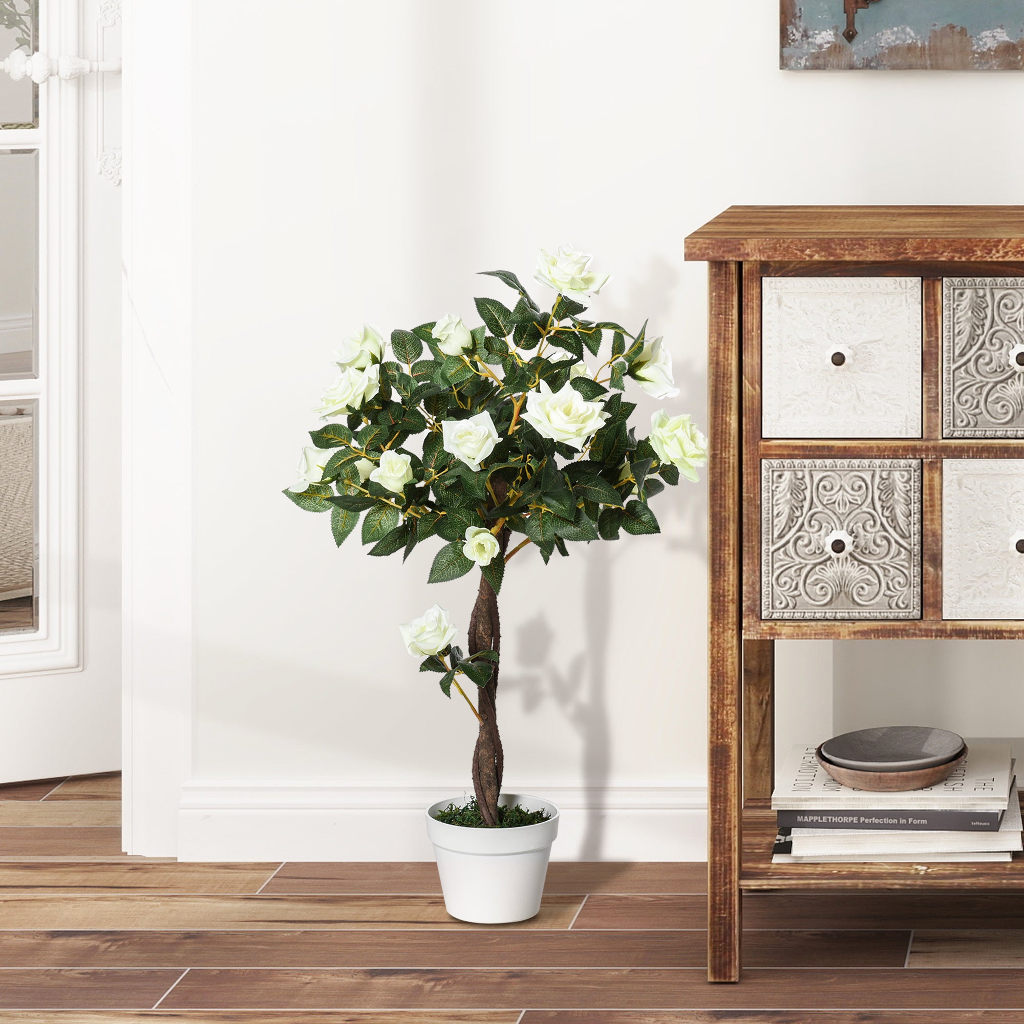 Kozy Artificial Plants White Rose Floral in Pot, Fake Plants for Home Indoor Decor, 90cm