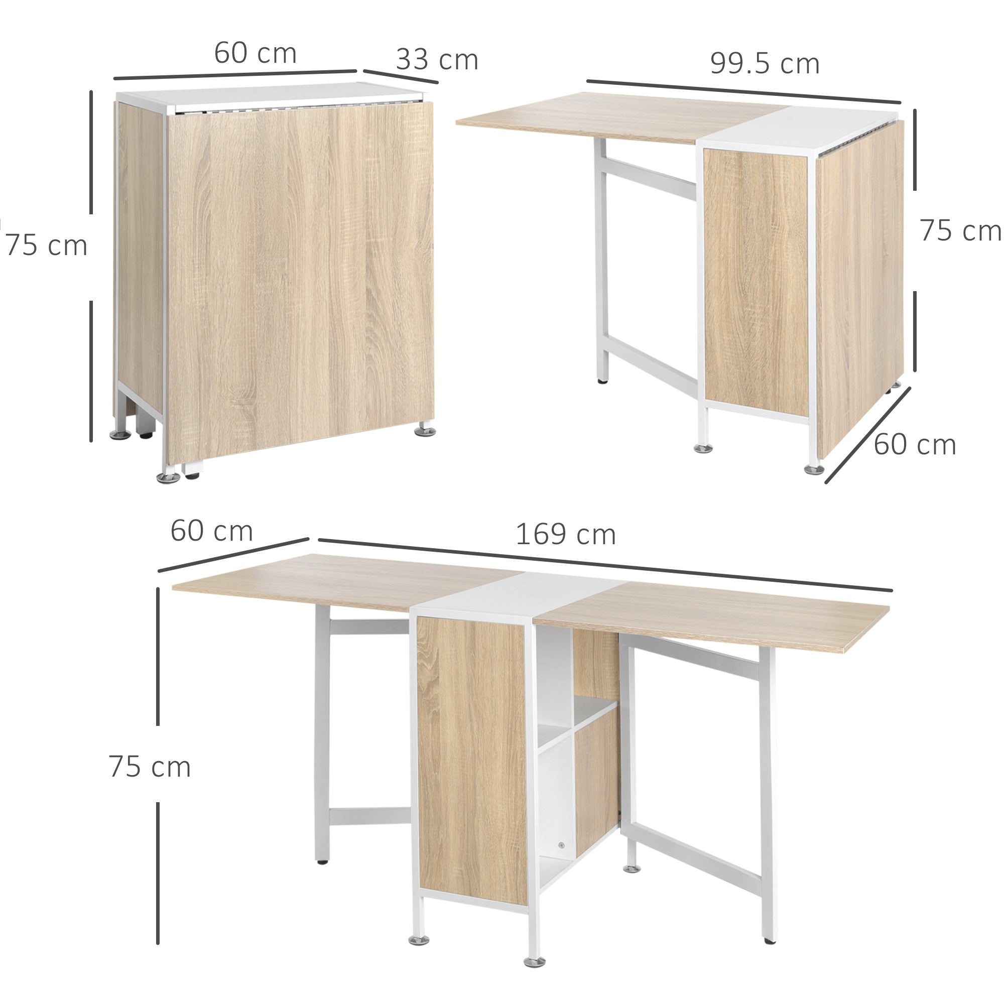 Kozy Foldable Drop Leaf Dining Table Folding Workstation for Small Space with Storage Shelves Cubes Oak & White