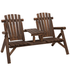 Kozy Wood Patio Chair Bench 2 Seats Jack and Jill Seat w/ Center Coffee Table, Garden Bench, Carbonized