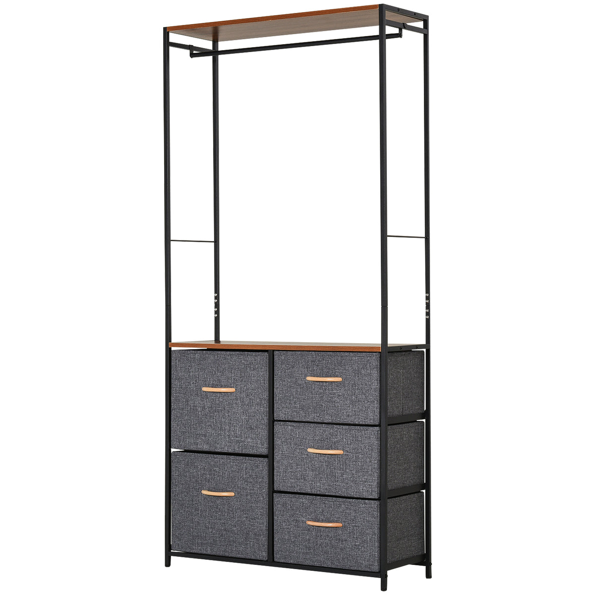 Kozy Chest of Drawers with Coat rack Steel Frame 5 Drawers  Bedroom Hallway Home Furniture Black Brown