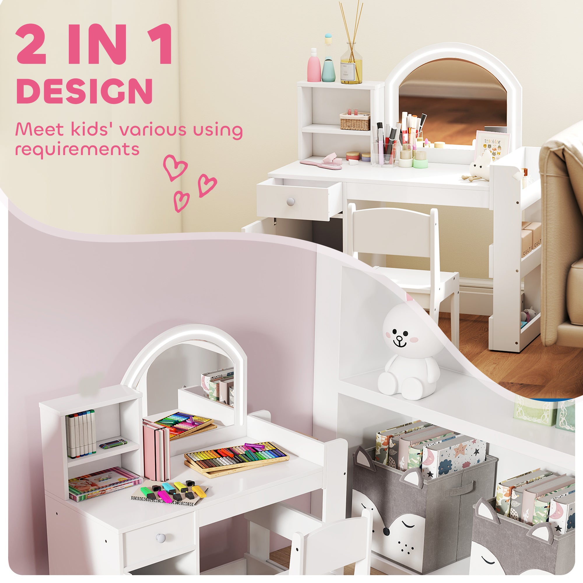 AIYAPLAY Kids Vanity Table and Chair Set, Girls Dressing Table with 2-Colour LED Mirror, Stool, Cabinet, Drawer, Shelves, White