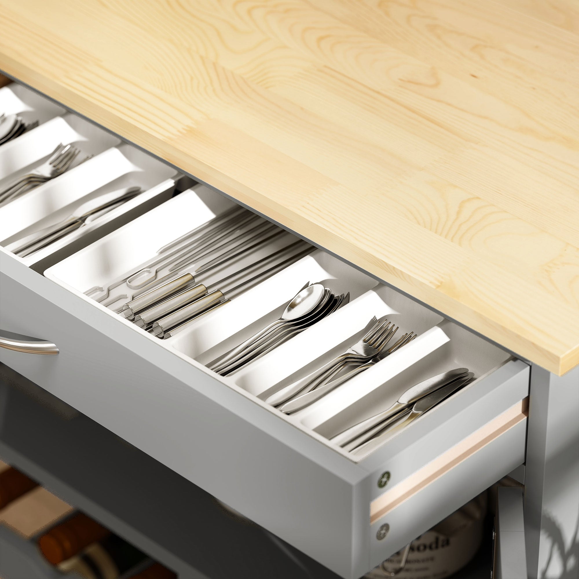 Kozy Modern Kitchen Trolley, Rolling Island Storage Cart with Drawer, 9-bottle Wine Rack, Door Cabinets, Wooden Countertop, Grey