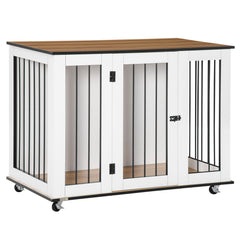 Kozy Dog Crate Furniture, Dog Cage End Table, with Wheels, for Large Dogs, 106 x 60 x 82 cm  - White