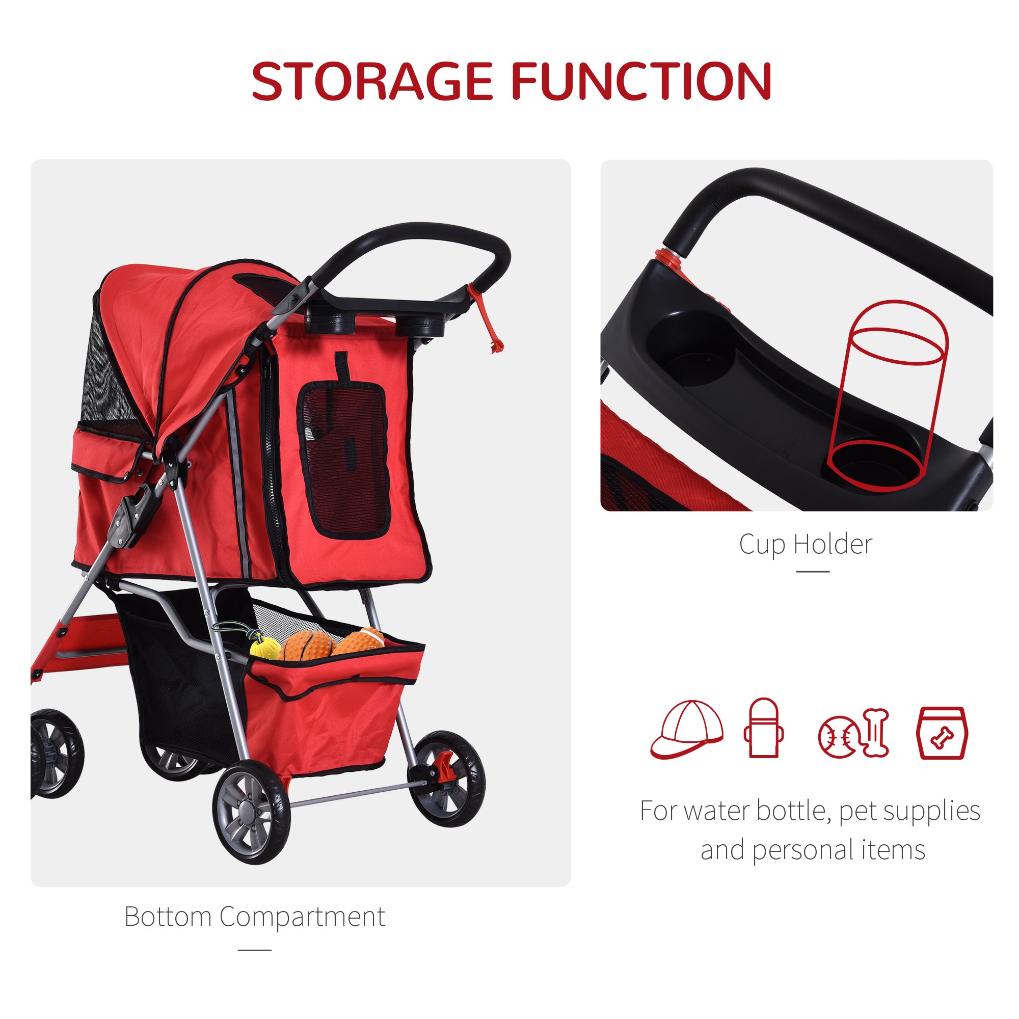 PawHut Pet Stroller, Dog Pram, Foldable Pushchair, Cat Travel Carriage with Wheels, Zipper Entry, for Small Pets, Red