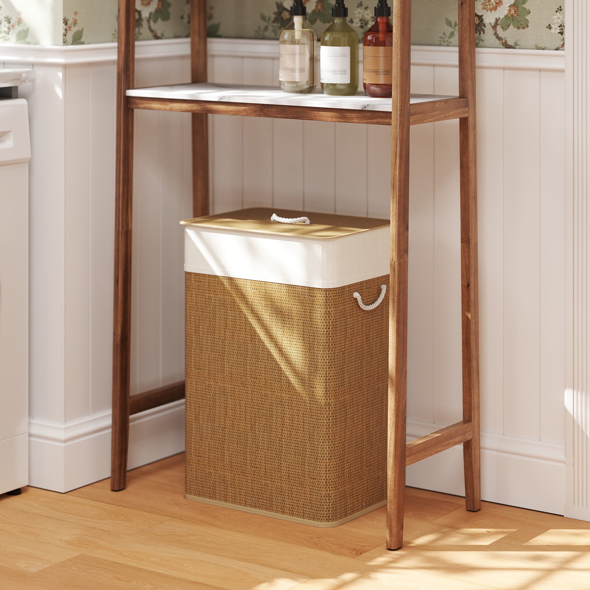 Kozy Bamboo Laundry Basket with Lid, 72L Laundry Hamper with Rope Handles, Washing Basket with Removable Washable Liner Bag for Bathroom, Bedroom, Brown