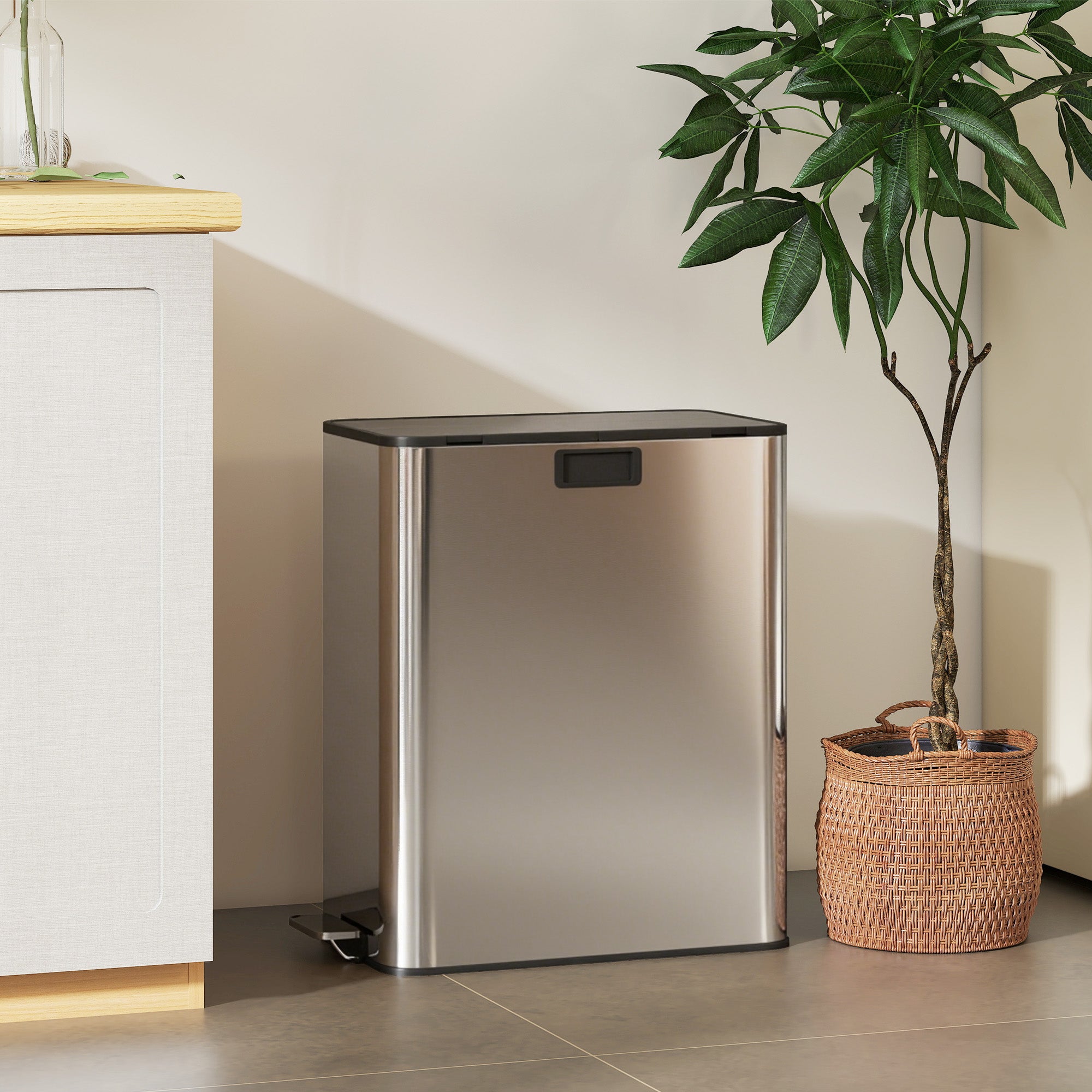 Kozy Dual Kitchen Bin with Soft-Close Butterfly Lid, 2 x 28L Stainless Steel Pedal Bin with Removable Inner Buckets, Fingerprint-Proof for Recycling and Waste, Silver Tone