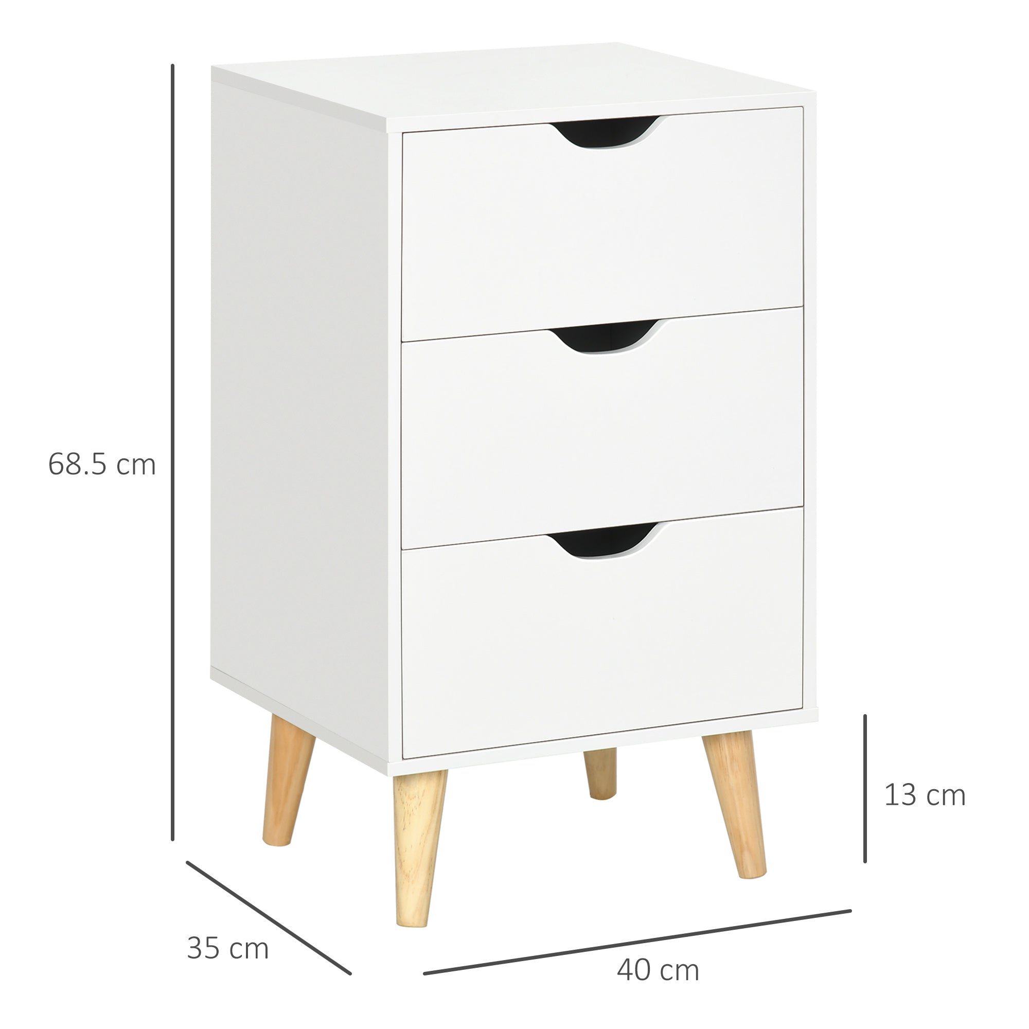 Kozy Bedside Table, Bedside Cabinet with 3 Drawers, Side End Table with Pine Wood Legs for Bedroom Living Room, White