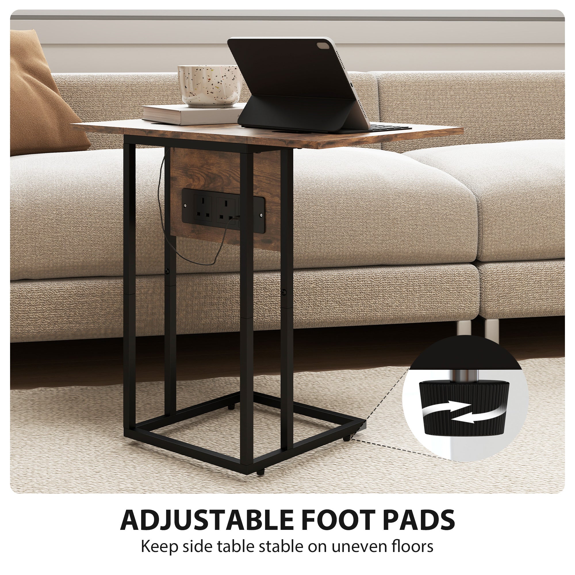 Kozy - C Shaped Side Table with Charging Station and Foldable Top - Rustic Brown