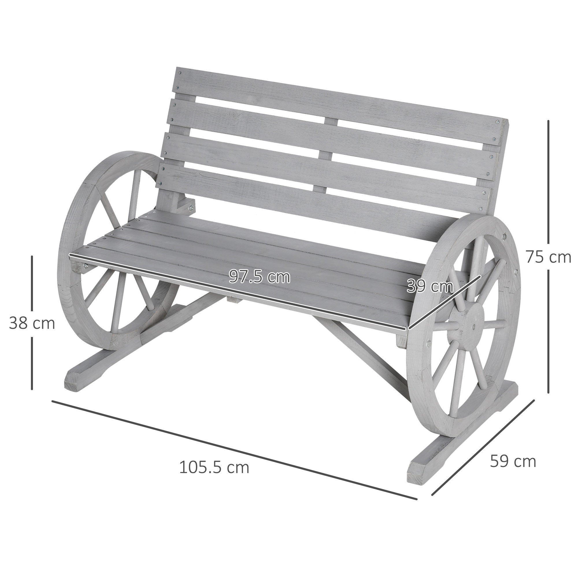 Kozy Wooden Cart Wagon Wheel 2 Seater Garden Bench Outdoor Garden Armrest Chair Rustic High Back Loveseat Grey
