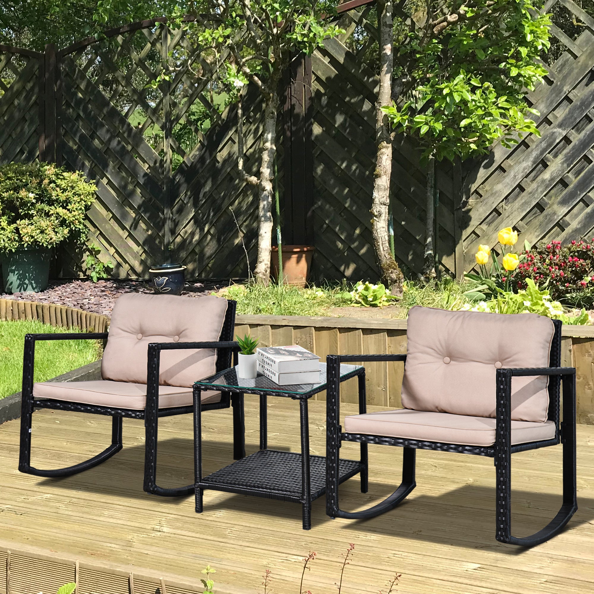 Kozy 3 Pieces Rattan Garden Rocking Chair Set, Outdoor Rocking Bistro Set w/ 2 Cushioned Armchair and Glass Top Two-tier Coffee Table, Black
