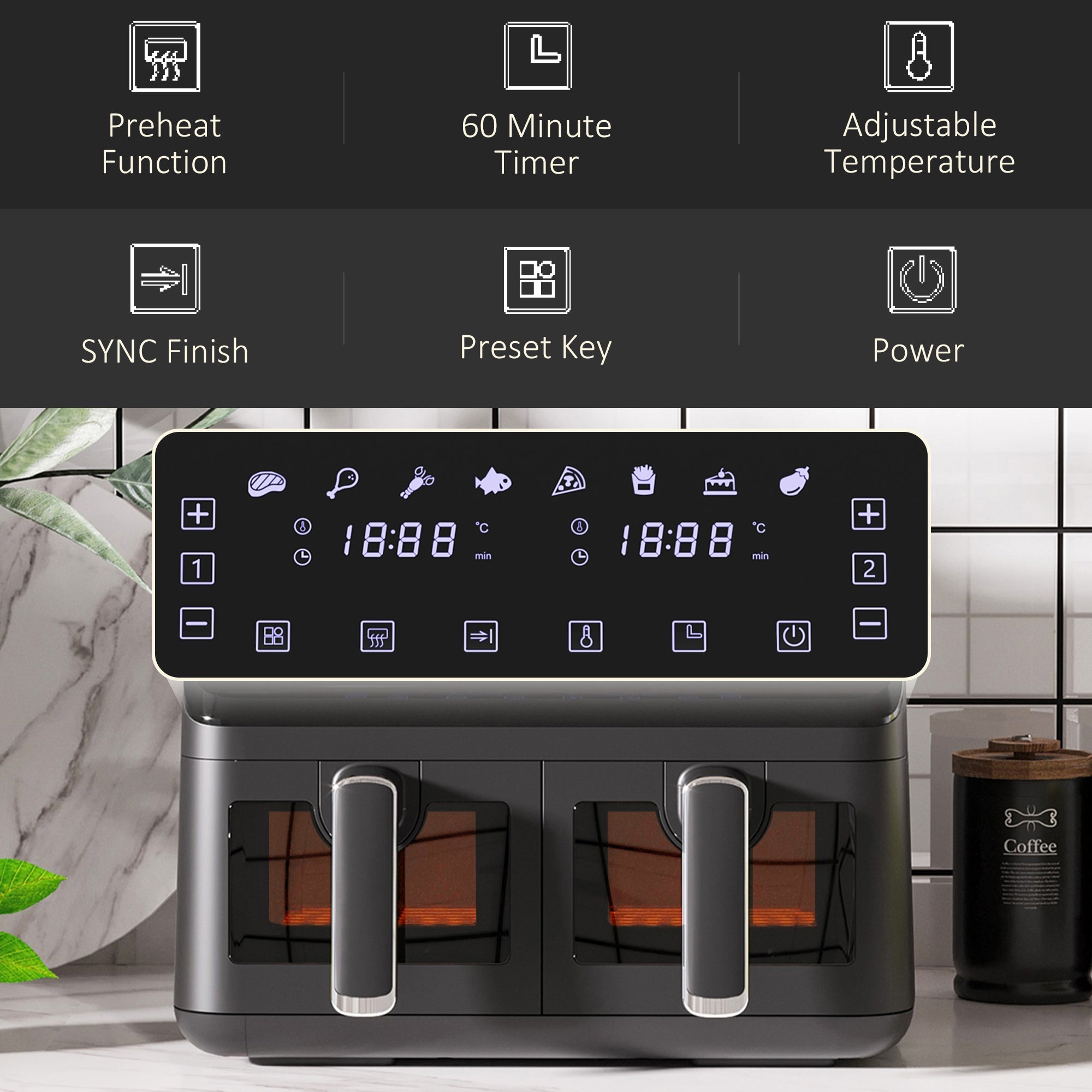 HOMCOM Family Air Fryer , 8L Double Air Fryer Oven w/ 8 Presets, Digital Display, Recipe Cookbook, 60min Timer for Oil Free & Low Fat, 2500W, Black
