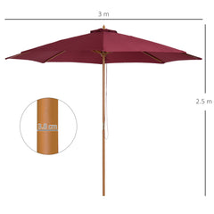 Kozy 3(m) Garden Parasol, Pulley Operated Patio Umbrella, Wooden Table Market Umbrella with Rope Pulley Mechanism and 8 Ribs, Wine Red
