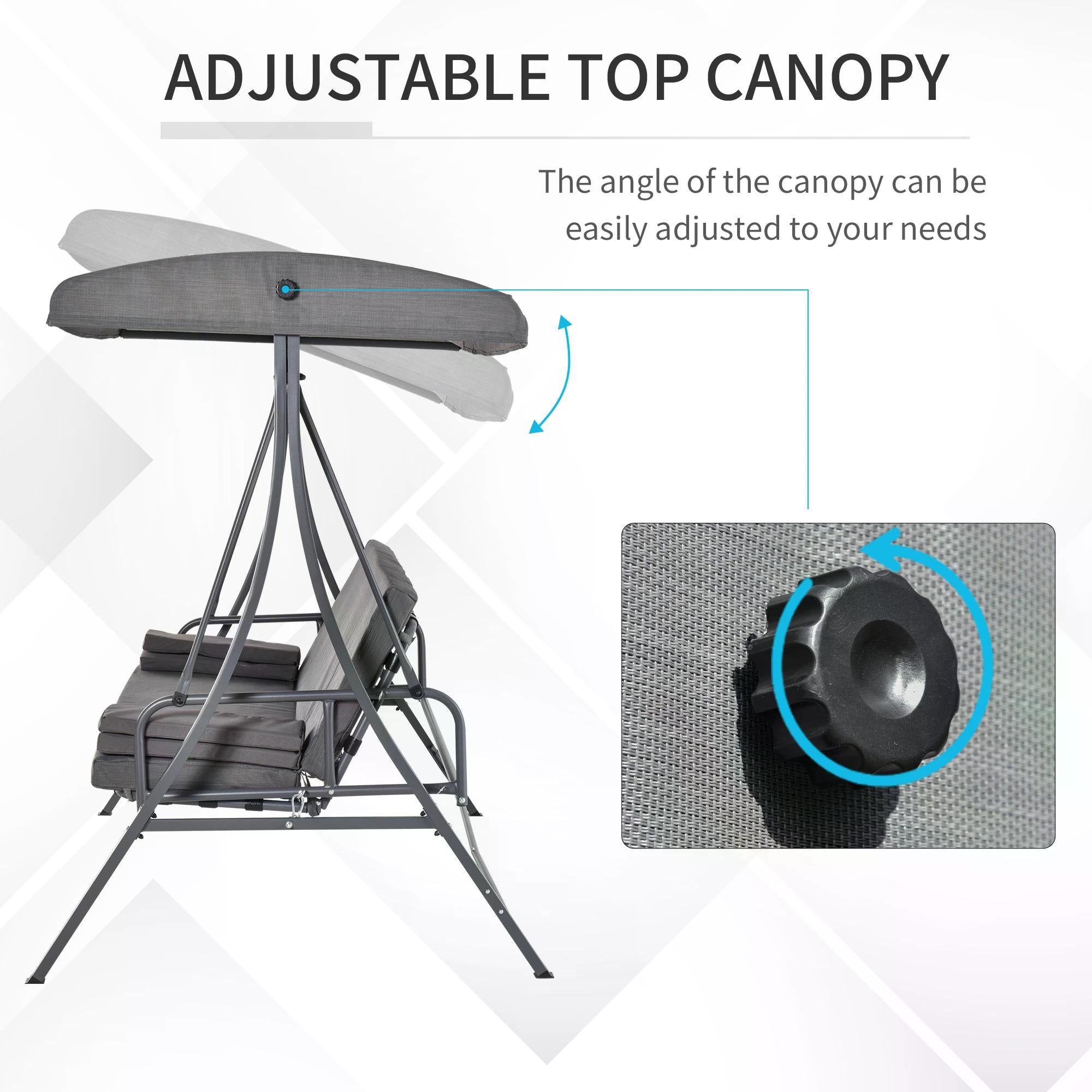 Kozy 2-in-1 Patio 3 Seater Swing Chair Hammock w/ Cushion Adjustable Canopy Garden