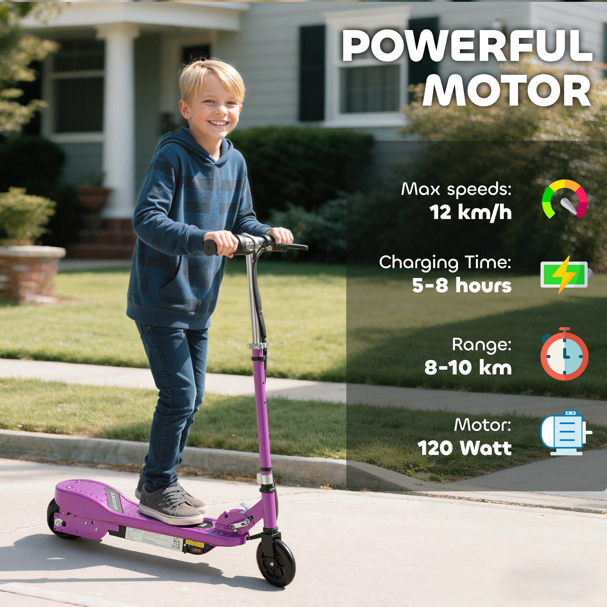 Kozy Foldable Electric Kids Scooter, Ride-on for Ages 7-14 Years, Purple