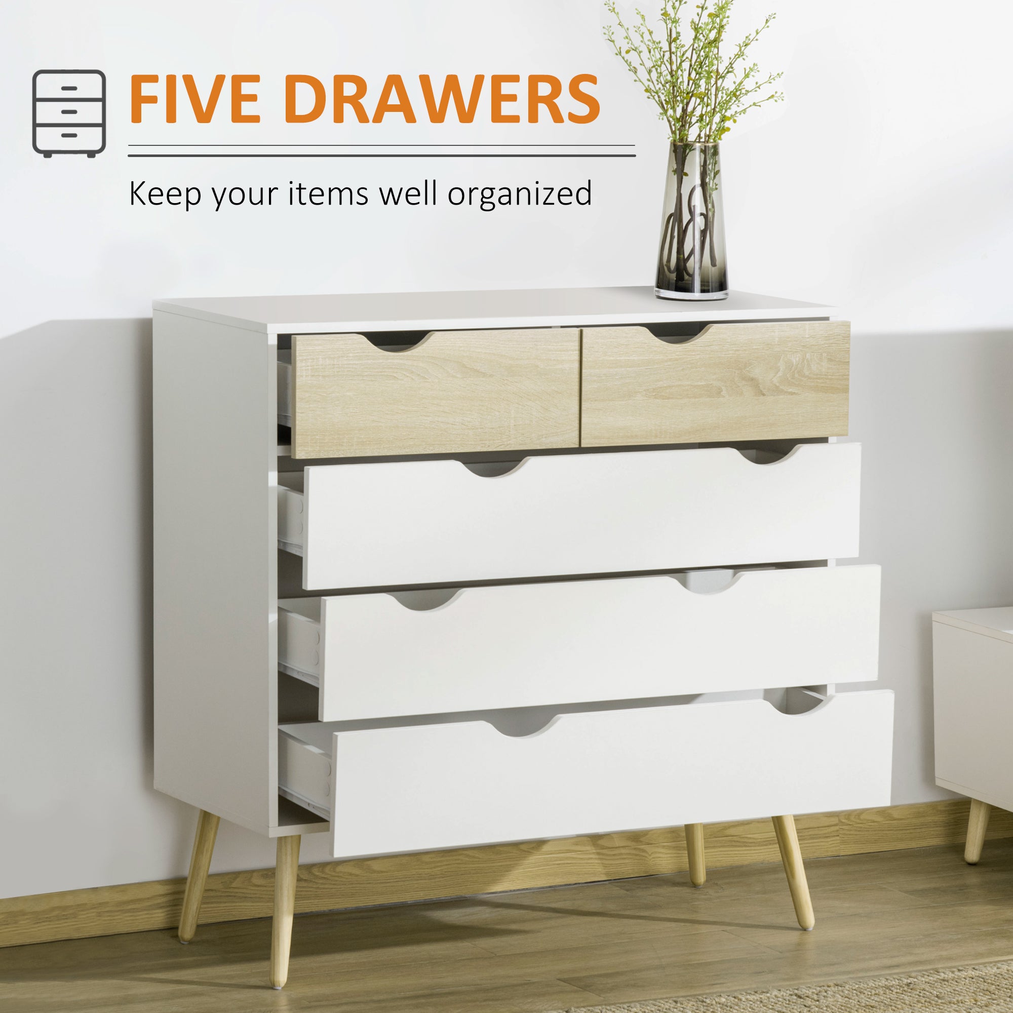 Kozy Nordic Style Chest of Drawers, 5 Drawer Dresser with 4 Tapered Legs and Groove Handles, Storage Organiser Side Cabinet for Bedroom, Living Room