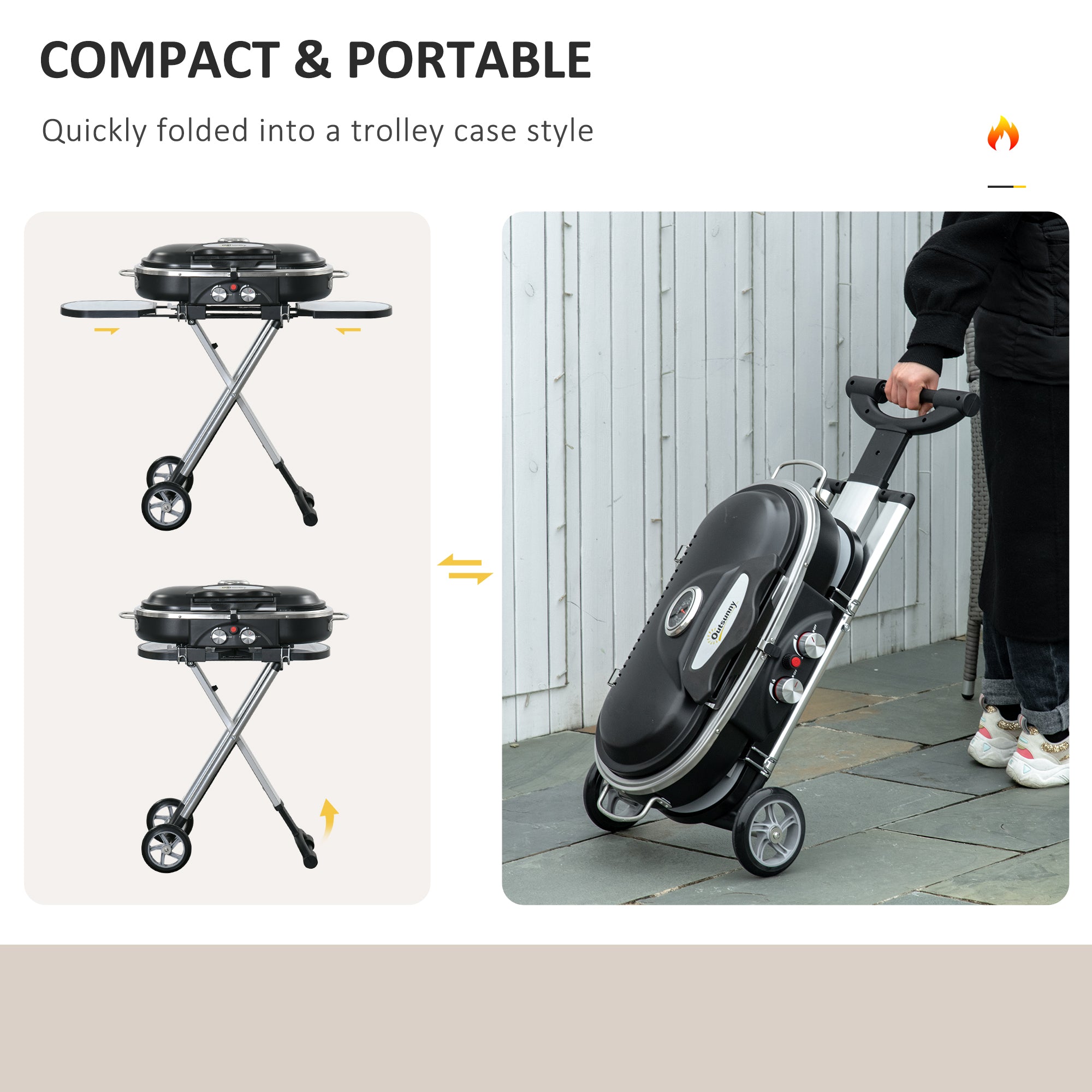Kozy Foldable Gas BBQ Grill 2 Burner Garden Barbecue Trolley w/ Lid Side Shelves Storage Pocket Piezo Ignition Thermometer, Aluminium Alloy
