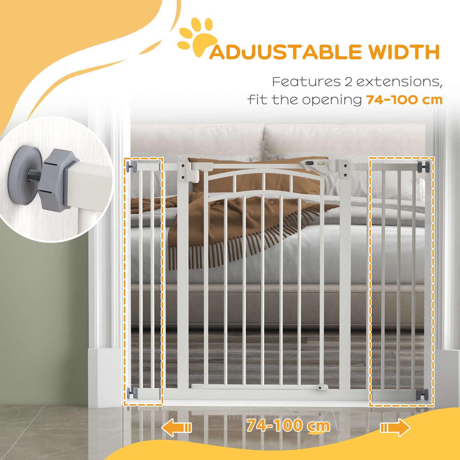 PawHut Pressure Mounted Safety Gate, Auto-Close Pet Door for Dogs, Easy Fit Adjustable Width 74-100cm, Grey | Aosom UK