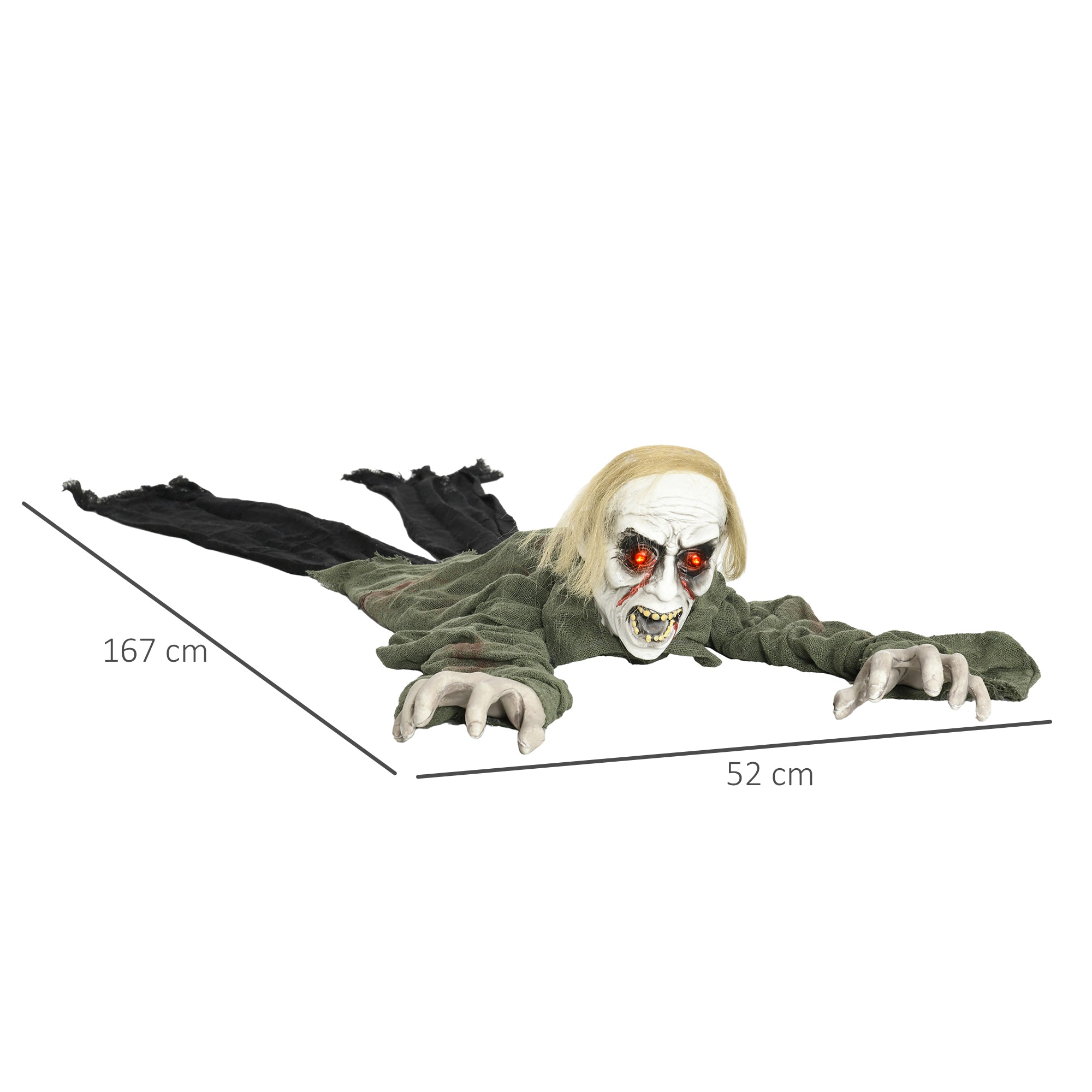 Kozy - 167 cm Outdoor Halloween Decoration Crawling Zombie, Animated Prop Decor with Sound Activated, Light Up Eyes
