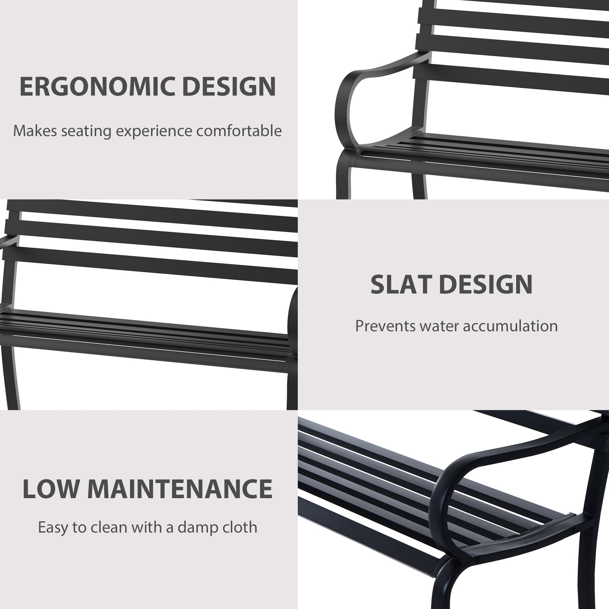Kozy Stylish 2 Seater Metal Garden Porch Chair Bench Stable Patio Outdoor Park Metal Bench - Black
