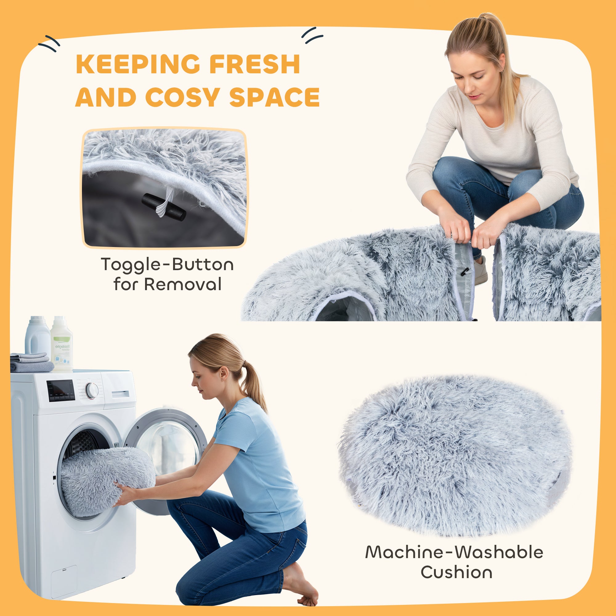 Kozy - 2-in-1 Donut Cat Tunnel with Washable Bed, Play Tunnel Bed with Toy Ball and Door Hole for Indoor Cats, Light Grey