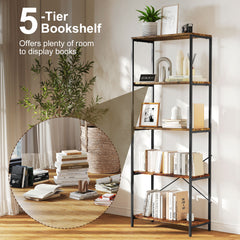 Kozy 5-Tier Bookshelf, Industrial Bookcase with Metal Frame - Rustic Brown and Black