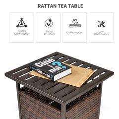 Kozy Rattan Garden Coffee Table, 55.5 cm Square Wicker Patio Side Coffee Table with 4 cm Umbrella Hole, Metal Bottom and Slatted Top for Outdoor, Balcony, Brown