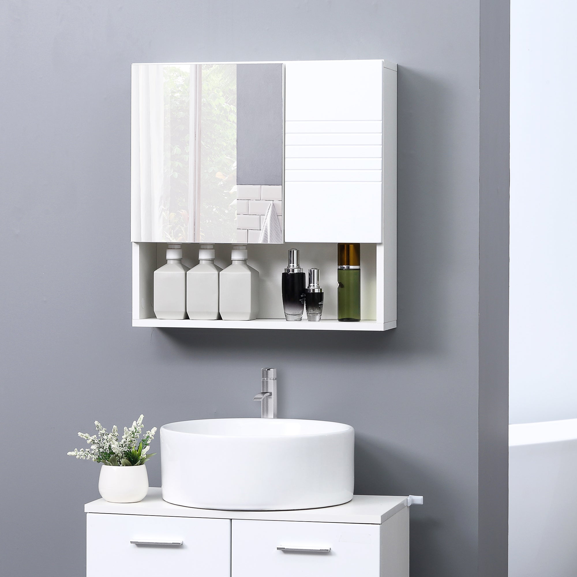 Kozy Bathroom Mirror Cabinet Wall-Mounted Storage w/ Double Door Adjustable Shelf - White